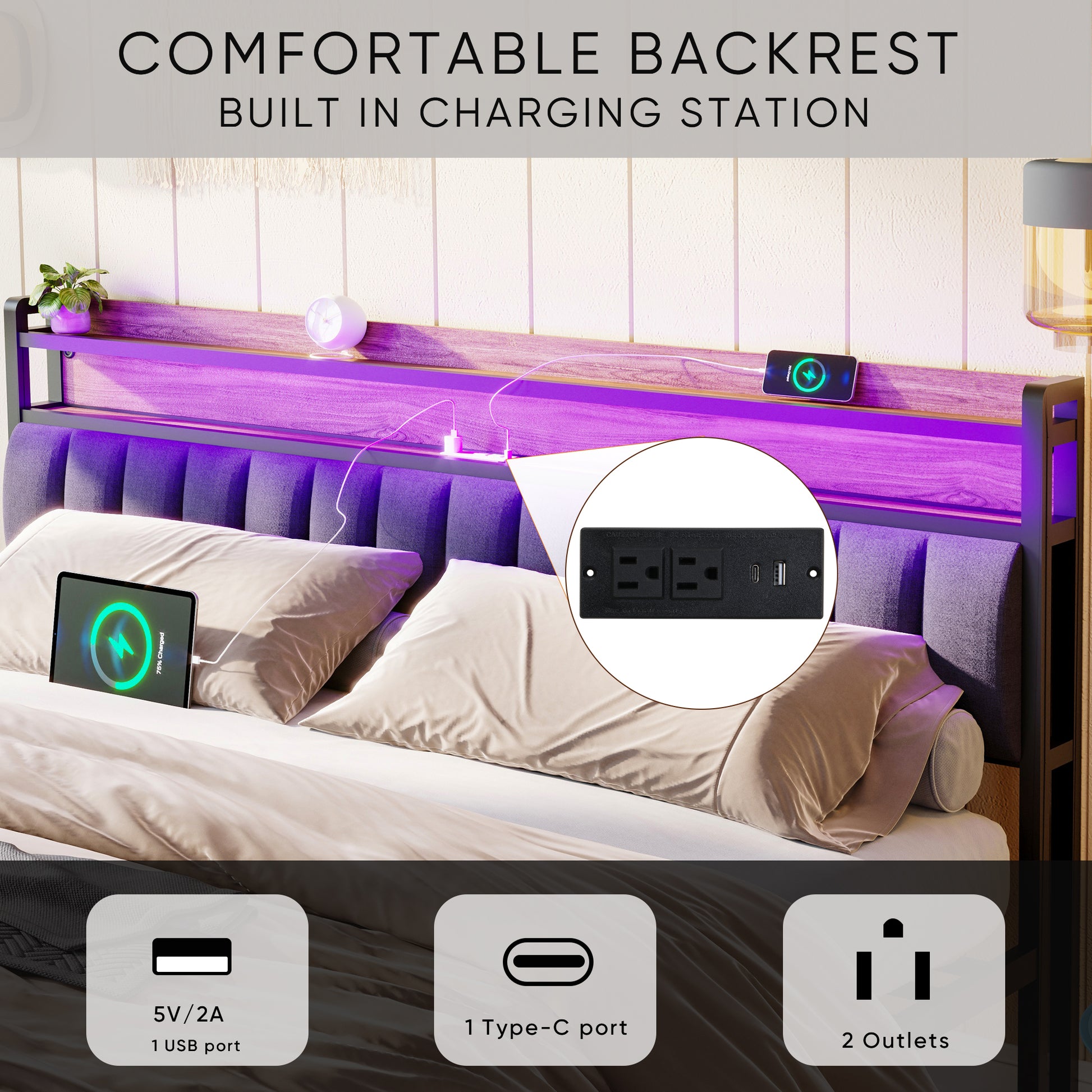 King Bed Frames With Storage Headboard And Drawers, Led Platform Bed Frame King Size, Led Upholstered Bed Frame With Charging Station, No Box Spring Needed, Easy Assembly, Grey Box Spring Not Required King Gray Metal Bedroom Bed Frame Mdf Metal
