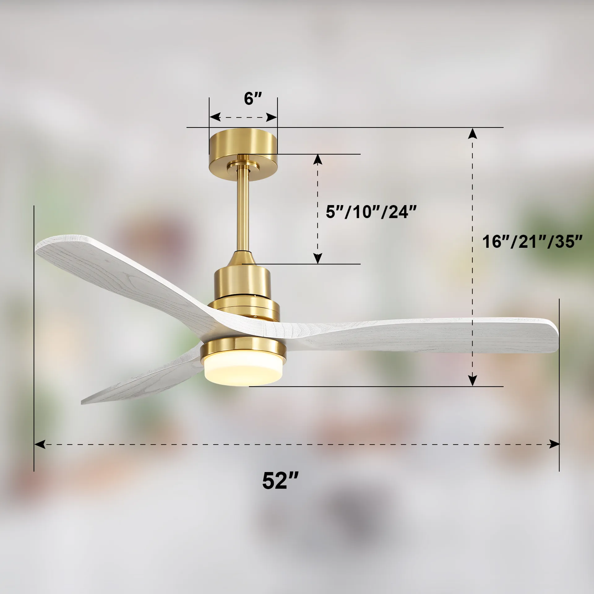 Indoor 52 Inch Ceiling Fan With Dimmable Led Light 6 Speed Remote Gold 3 Wood Blade Reversible Dc Motor For Living Room Gold Metal & Wood