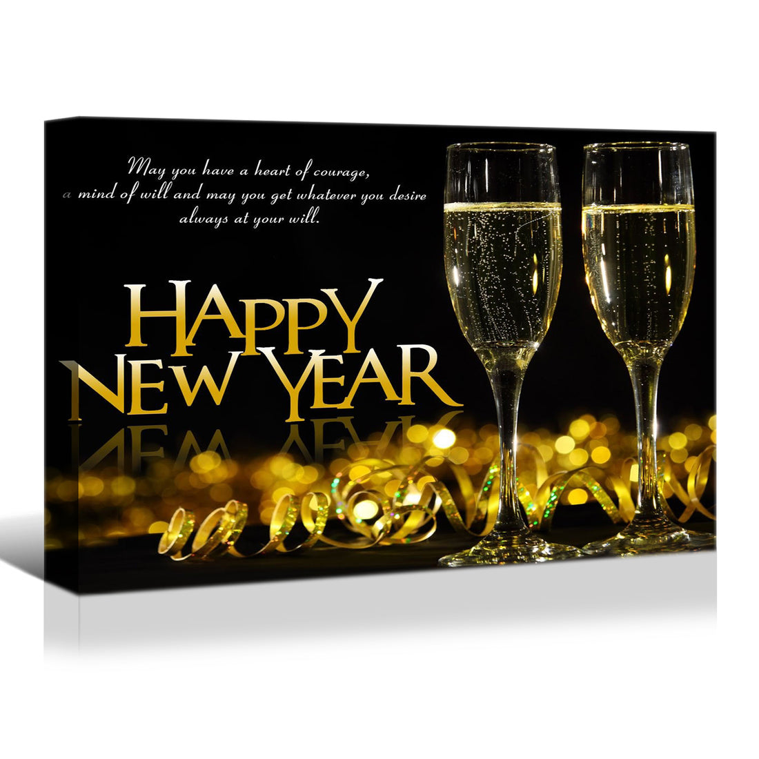 Framed Canvas Wall Art Decor Painting For Year, Golden Happy Year Bless Champagne Gift Painting For Year For Chrismas Eve Office Living Room, Bedroom Decor 4028In Thickness 1.5Inch Rectangle Framed Multicolor Year'S Oversized 41In Canvas Cultures And