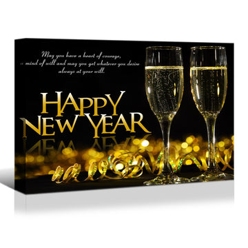 Framed Canvas Wall Art Decor Painting For Year, Golden Happy Year Bless Champagne Gift Painting For Year For Chrismas Eve Office Living Room, Bedroom Decor 4028In Thickness 1.5Inch Rectangle Framed Multicolor Year'S Oversized 41In Canvas Cultures And