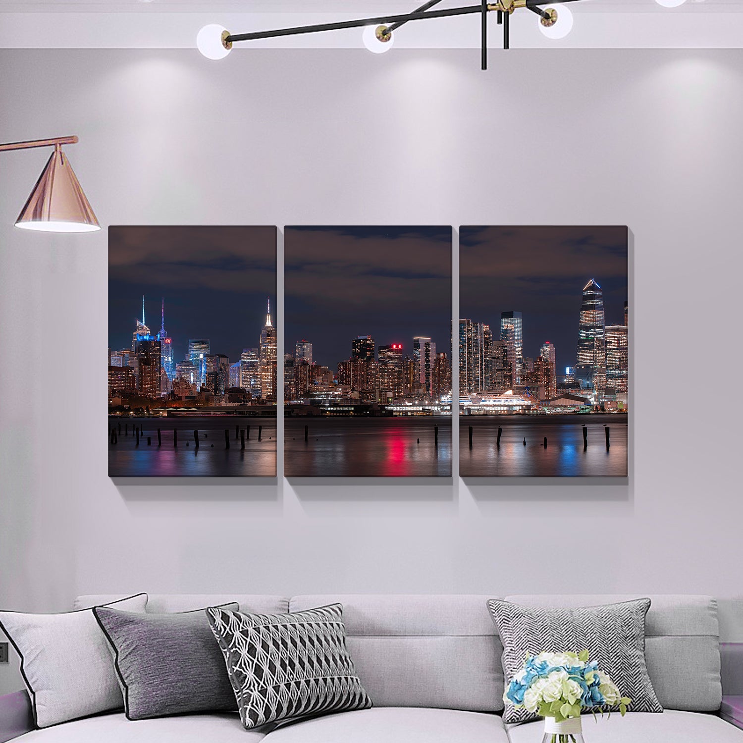 3 Panels Framed Canvas City Night Scape Wall Art Decor,3 Pieces Mordern Canvas Painting Decoration Painting For Chrismas Gift, Office,Dining Room,Living Room, Bathroom, Bedroom Decor Ready To Hang Rectangle Framed Multicolor Oversized 41In Canvas Cities