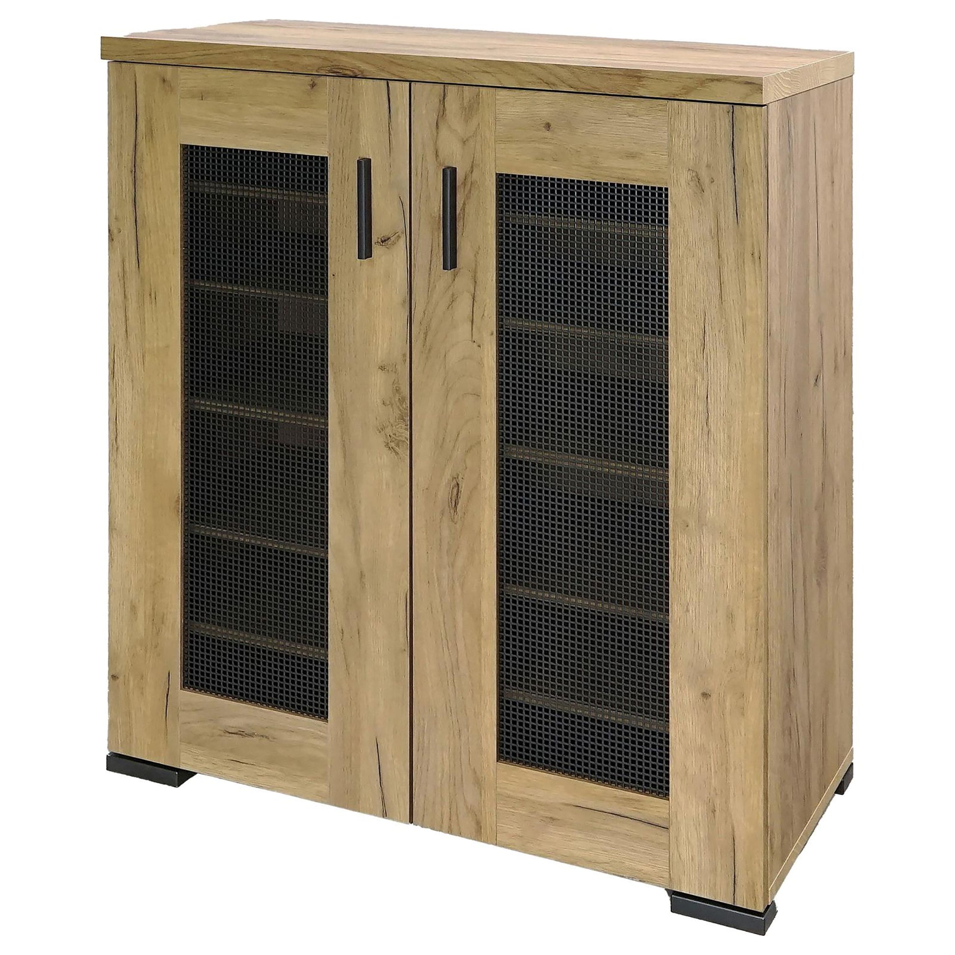 Golden Oak And Black Mesh Door Accent Cabinet Standard 5 Or More Shelves Oak Brown Light Brown Primary Living Space Adjustable Shelves Farmhouse,Rustic Wood