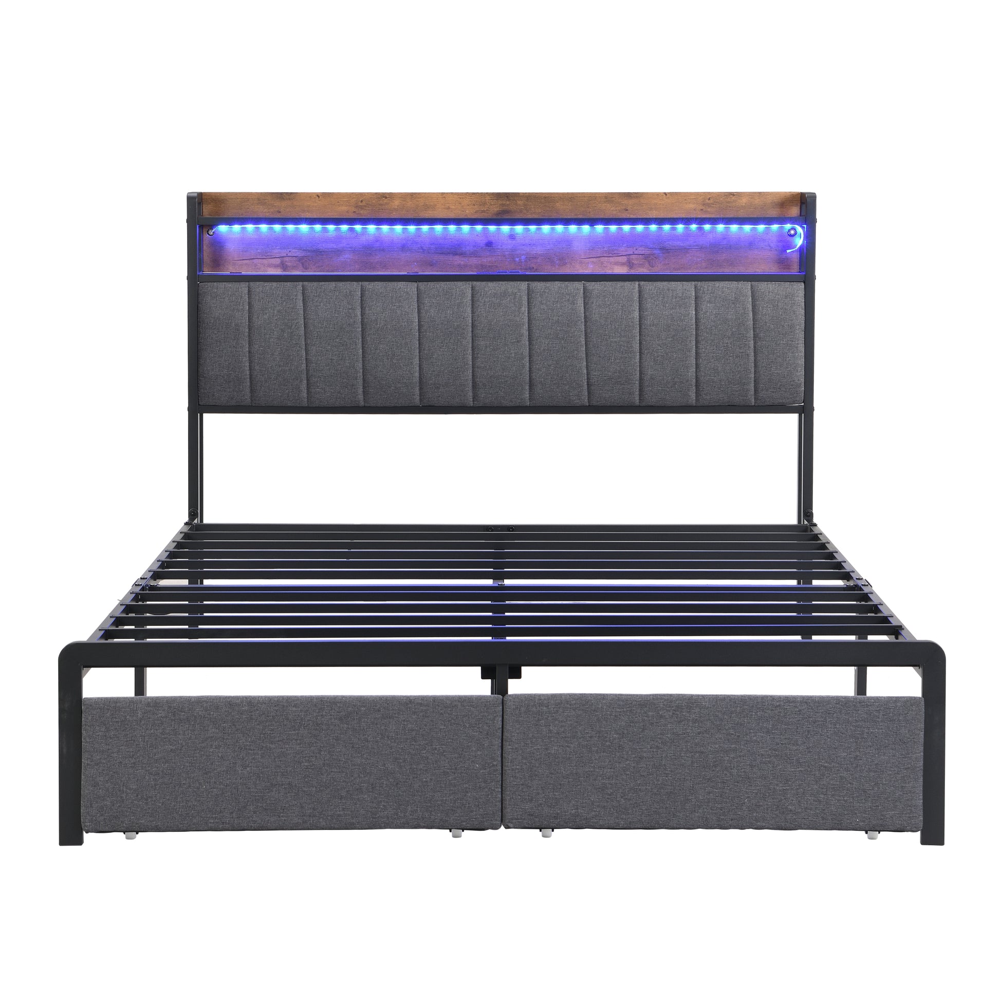 Queen Bed Frames With Storage Headboard And Drawers, Led Platform Bed Frame Queen Size, Led Upholstered Bed Frame With Charging Station, No Box Spring Needed, Easy Assembly, Grey Box Spring Not Required Gray Metal Bedroom Bed Frame Mdf Metal
