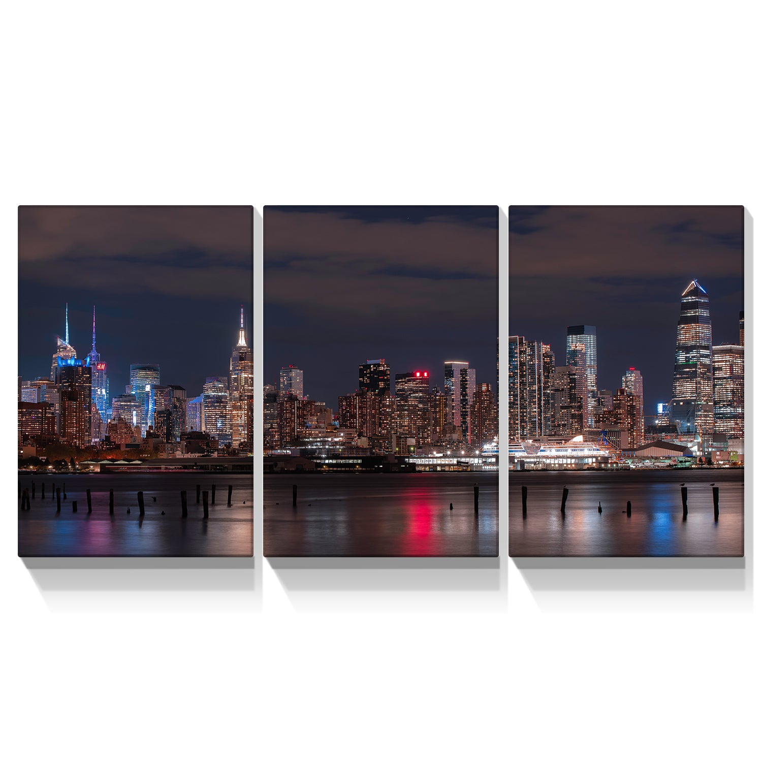 3 Panels Framed Canvas City Night Scape Wall Art Decor,3 Pieces Mordern Canvas Painting Decoration Painting For Chrismas Gift, Office,Dining Room,Living Room, Bathroom, Bedroom Decor Ready To Hang Rectangle Framed Multicolor Oversized 41In Canvas Cities