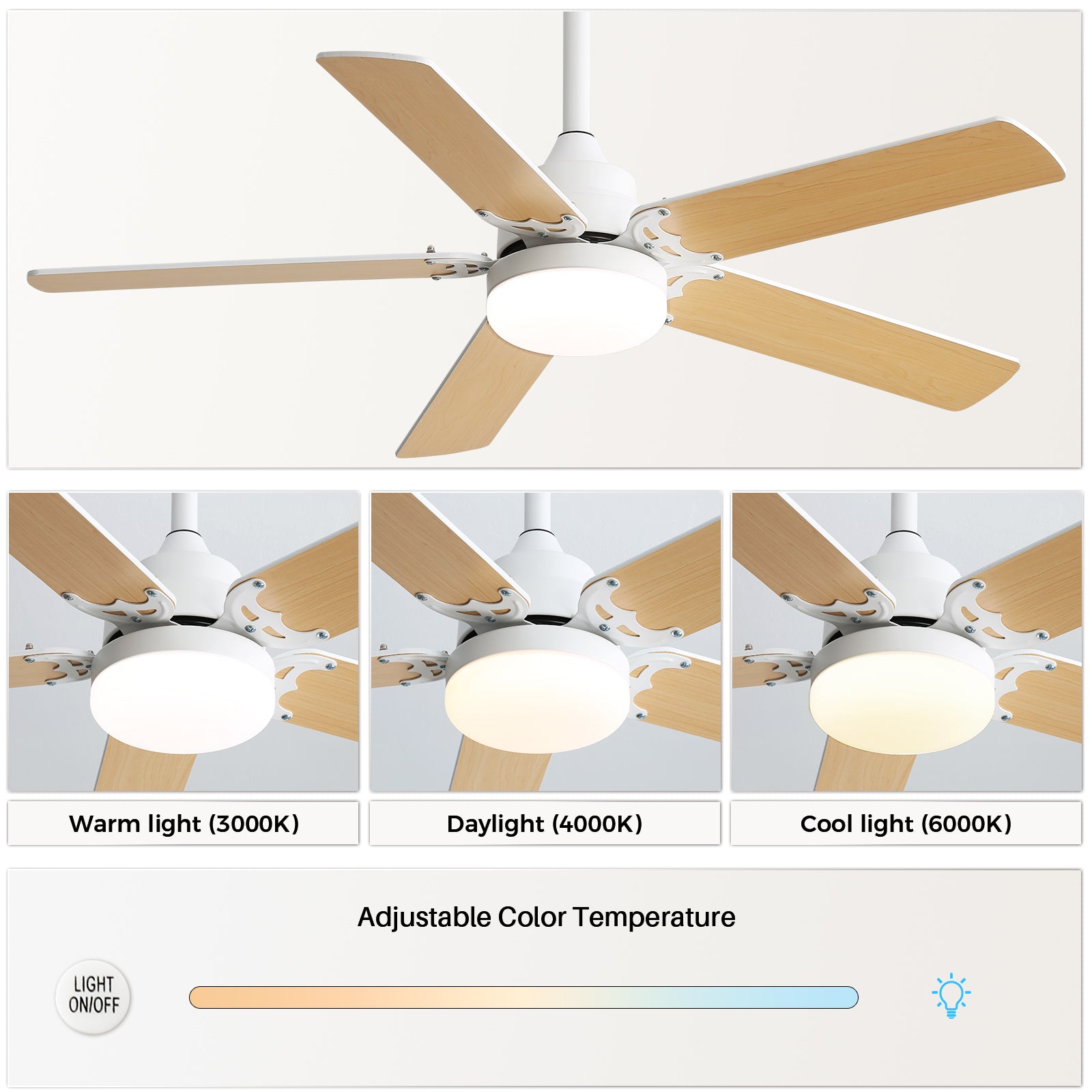 Energy Saving 42 Inch Ceiling Fan 5 Blades Noiseless Reversible Dc Motor Remote Control With Led Light White Mdf