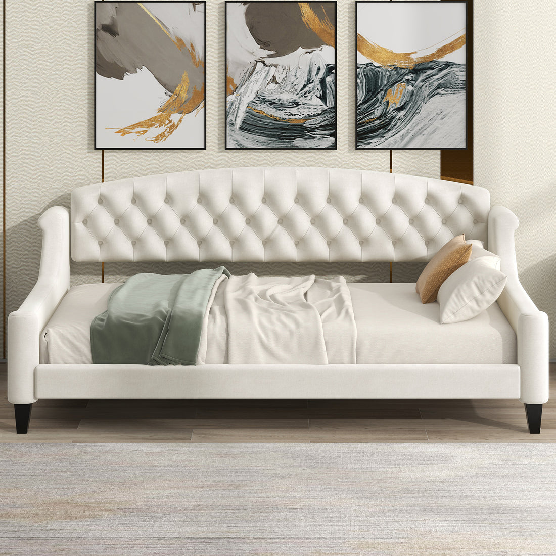 Modern Luxury Tufted Button Daybed,Twin,Beige Box Spring Not Required Twin Beige Wood Velvet Upholstered