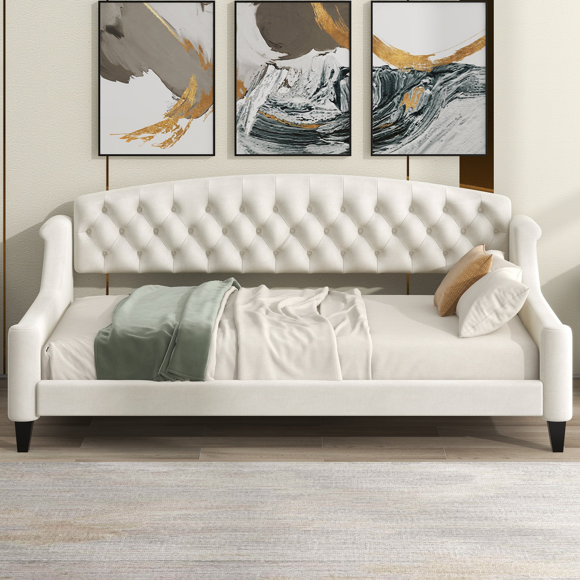 Modern Luxury Tufted Button Daybed,Twin,Beige Box Spring Not Required Twin Beige Wood Velvet Upholstered