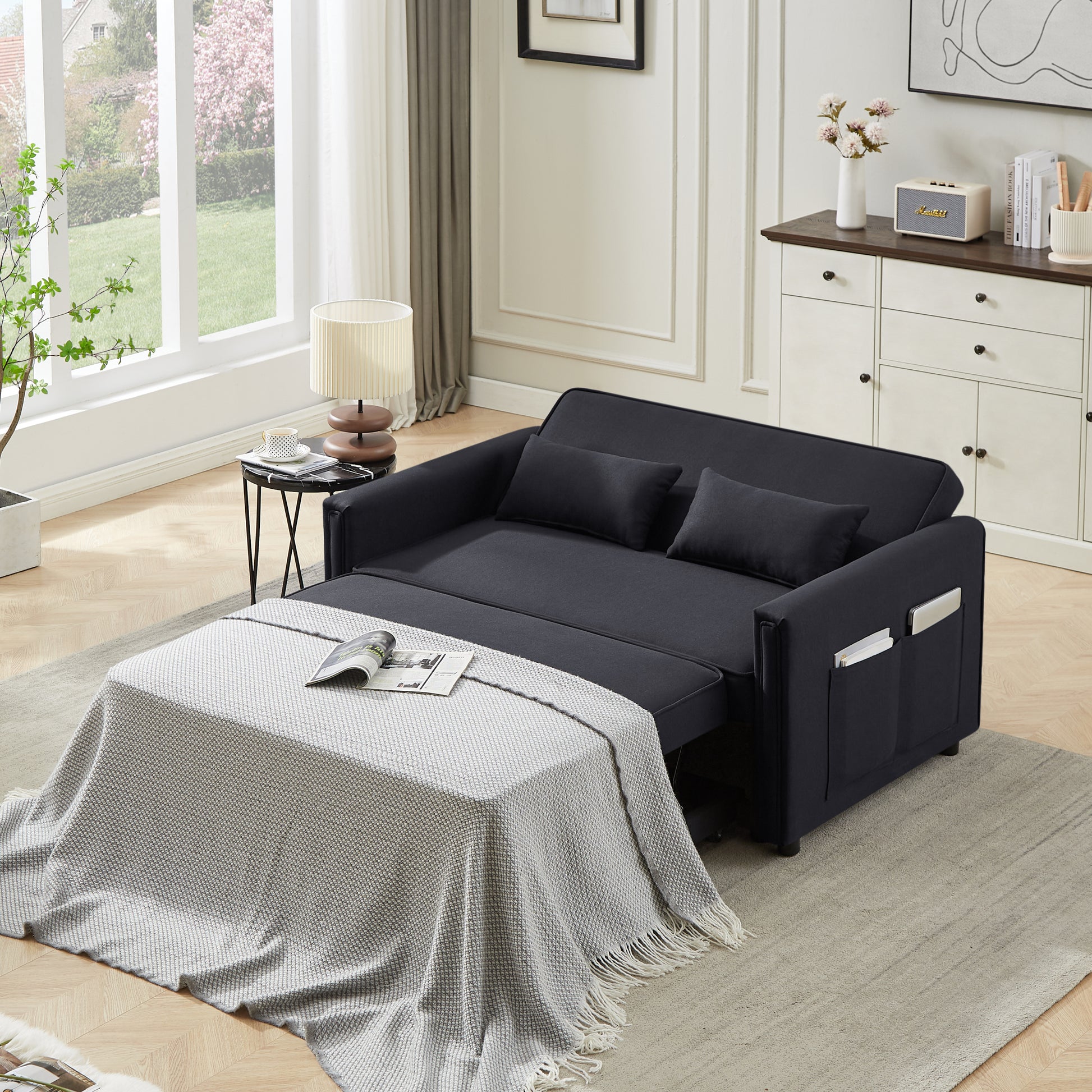 Modern Linen Convertible Loveseat Sleeper Sofa Couch With Adjustable Backrest, 2 Seater Sofa With Pull Out Bed With 2 Lumbar Pillows For Small Living Room & Apartment Black Polyester