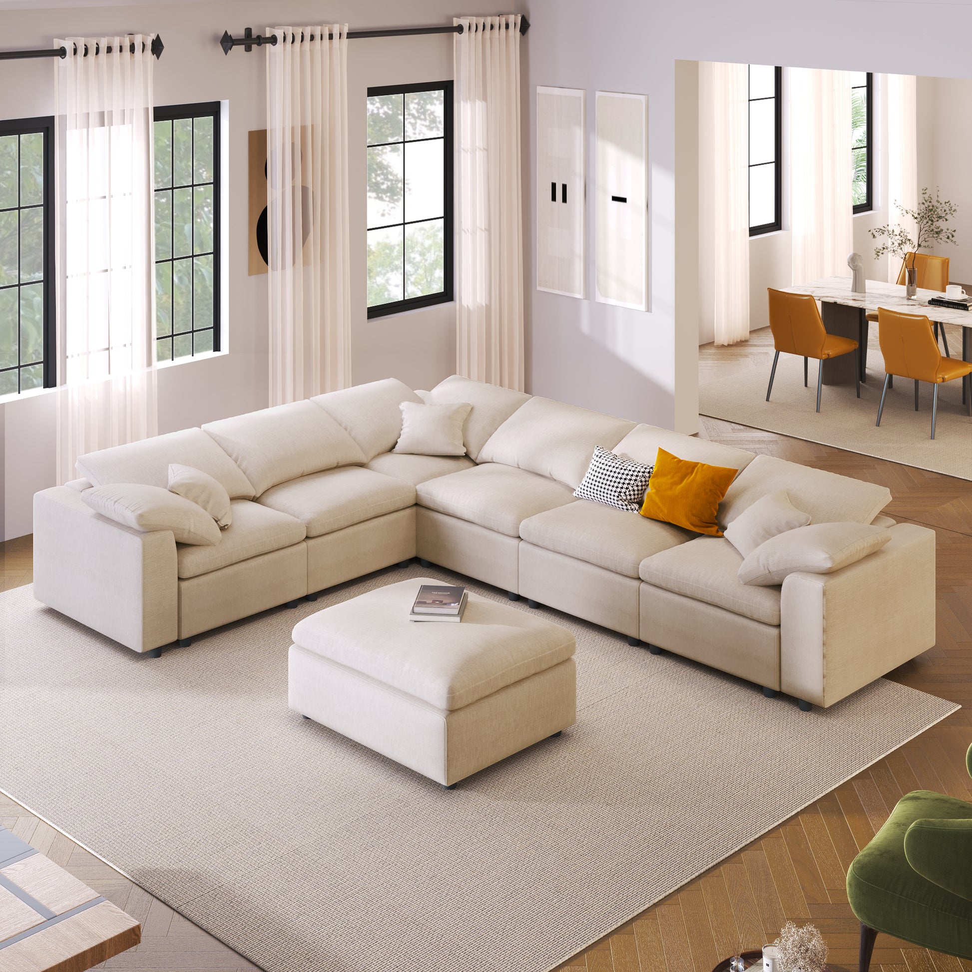 Oversized Modular Sectional Sofa With Ottoman L Shaped Corner Sectional For Living Room, Office, Spacious Space Beige Polyester 7 Seat