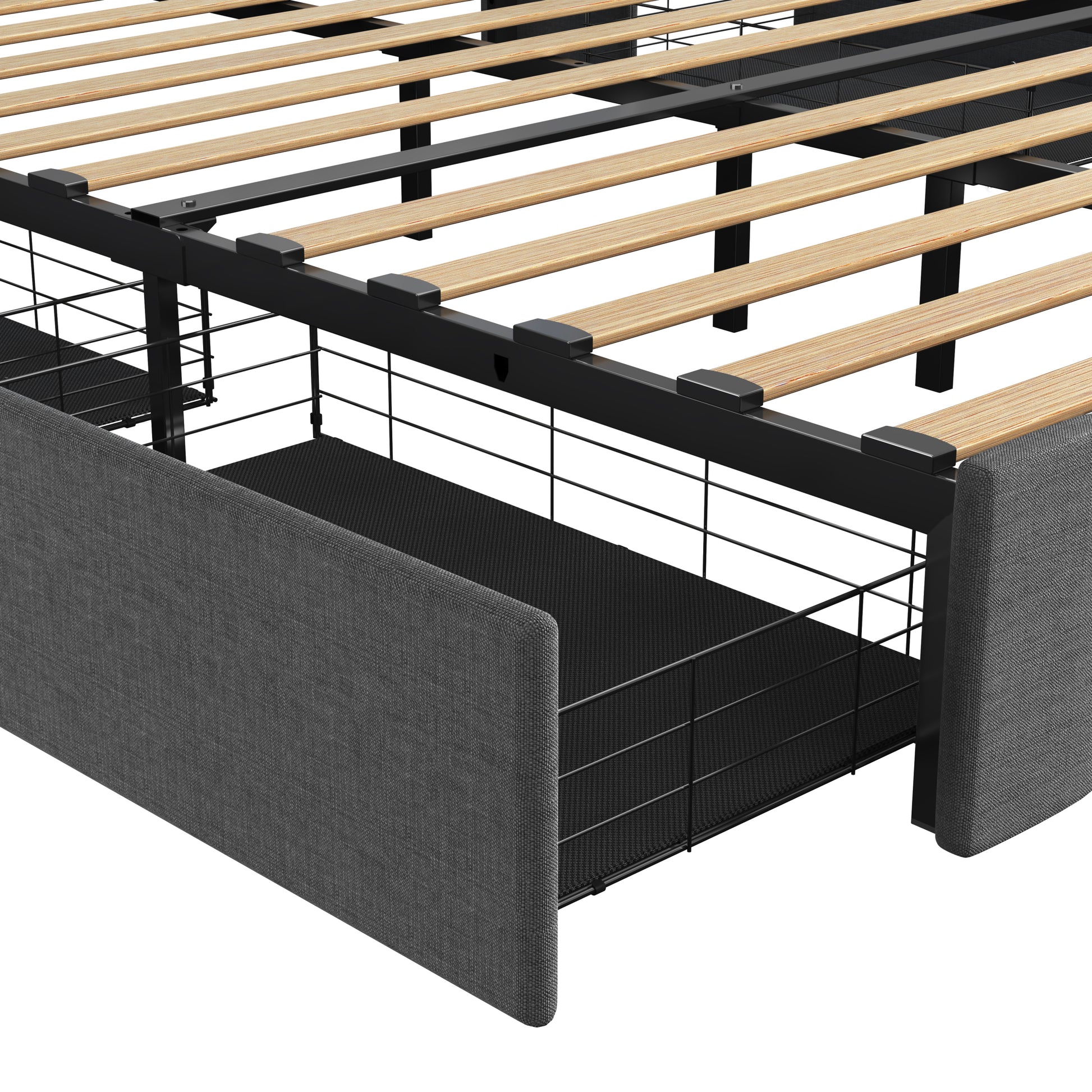 Queen Size Bed Frame With Led, 4 Under Bed Portable Storage Drawers, Wings Headboard Design, Dark Grey Box Spring Not Required Queen Dark Grey Metal Bedroom Bed Frame Upholstered Linen Upholstered