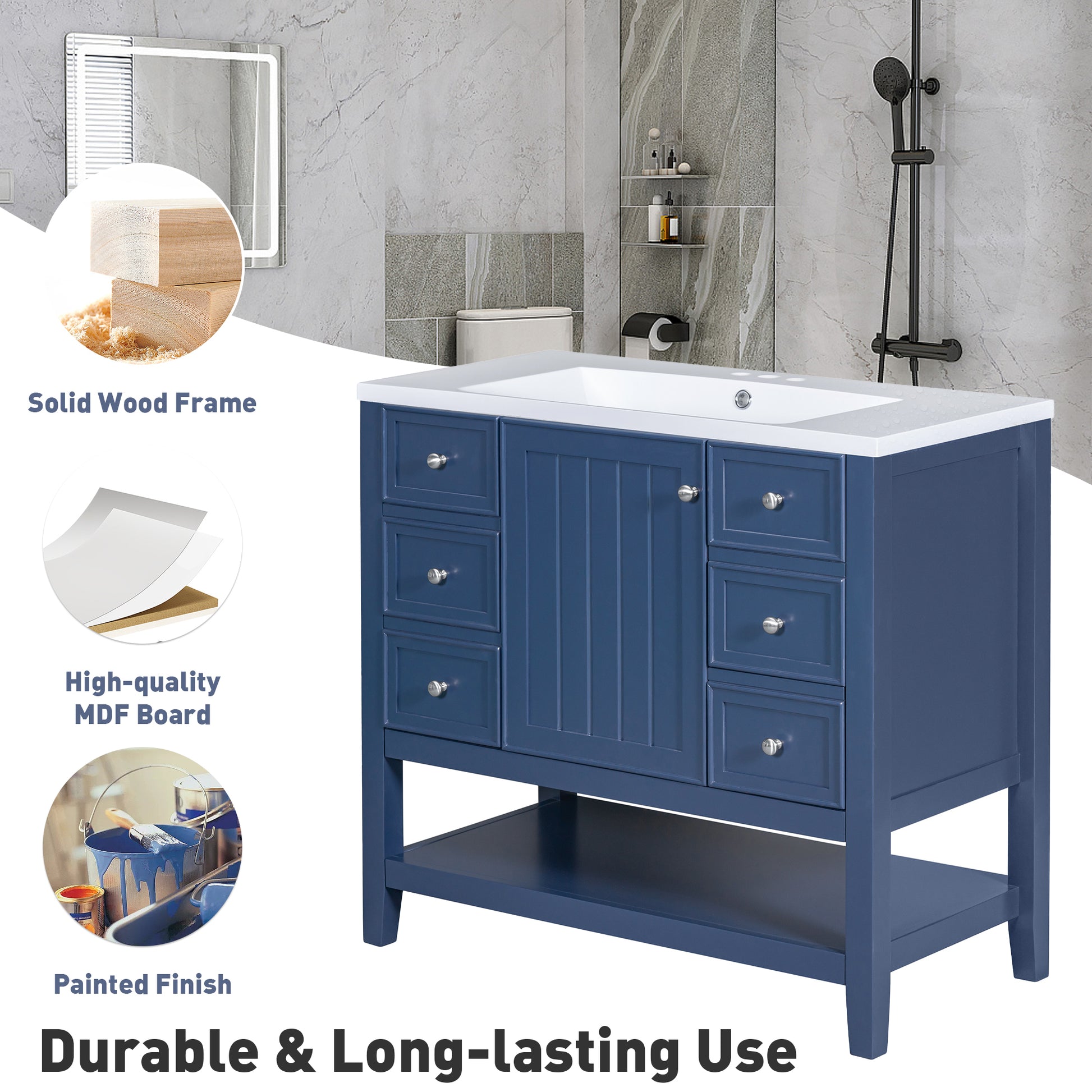 36" Bathroom Vanity With Sink Combo, One Cabinet And Three Drawers, Solid Wood And Mdf Board, Blue Blue Solid Wood Mdf