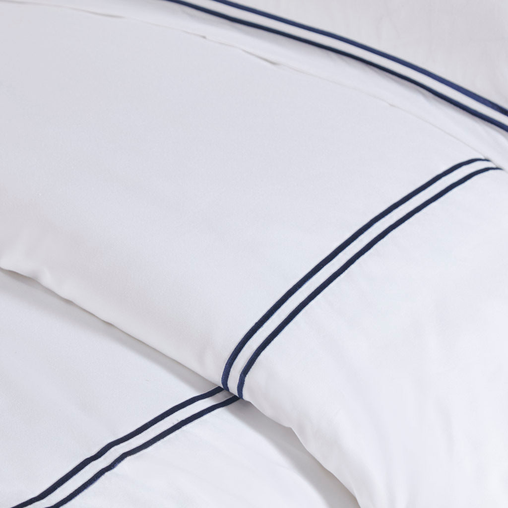 100% Cotton Sateen Embroidered Comforter Set White Navy Cotton