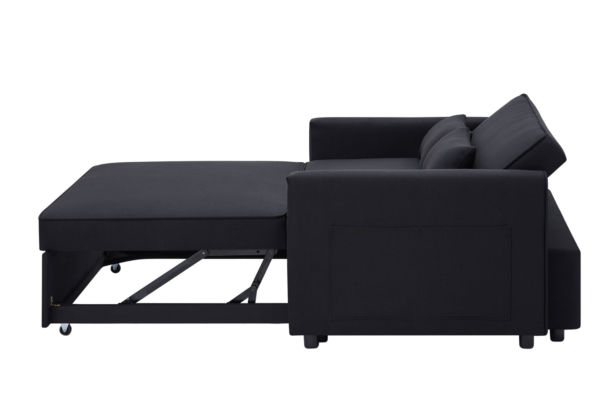 Modern Linen Convertible Loveseat Sleeper Sofa Couch With Adjustable Backrest, 2 Seater Sofa With Pull Out Bed With 2 Lumbar Pillows For Small Living Room & Apartment Black Polyester