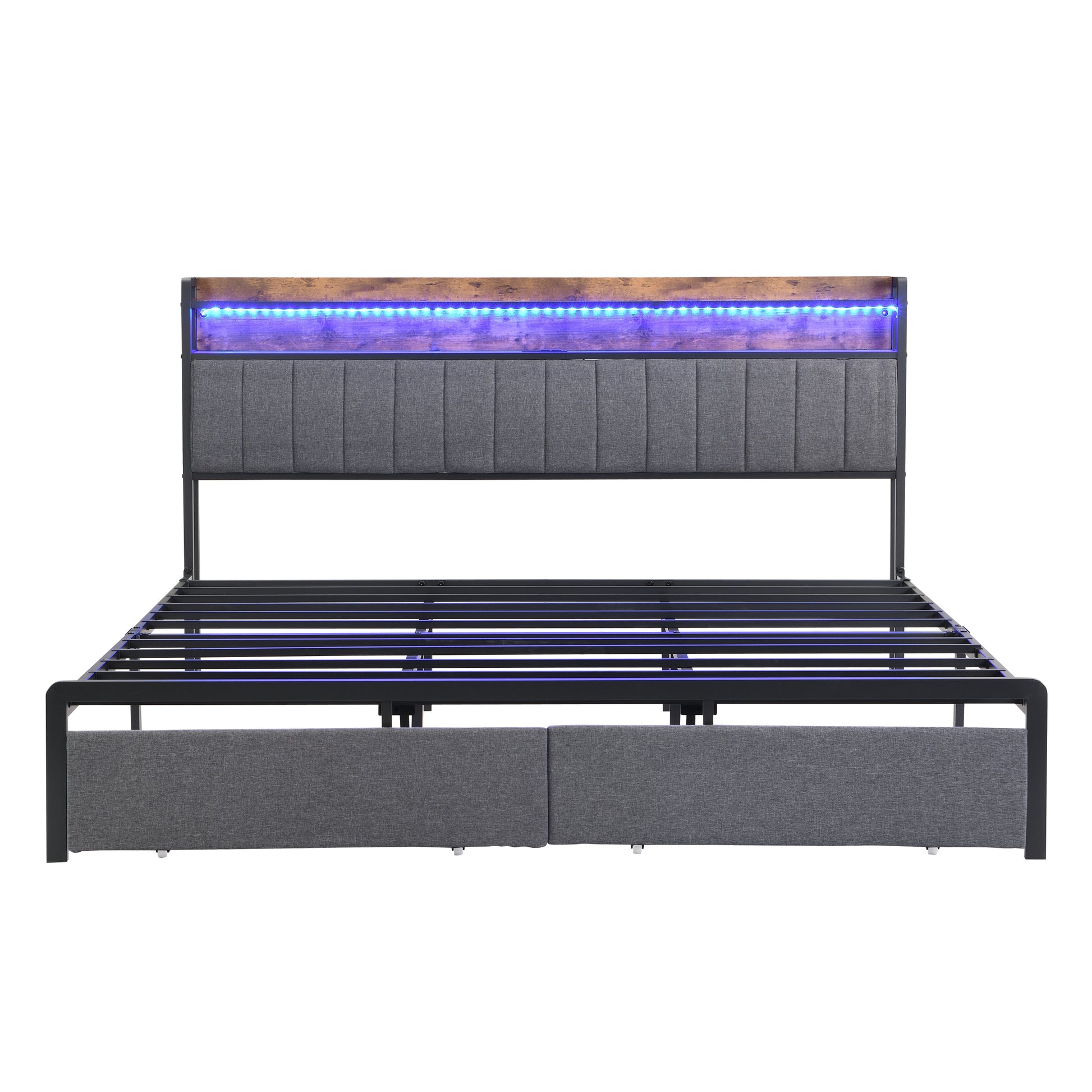 King Bed Frames With Storage Headboard And Drawers, Led Platform Bed Frame King Size, Led Upholstered Bed Frame With Charging Station, No Box Spring Needed, Easy Assembly, Grey Box Spring Not Required King Gray Metal Bedroom Bed Frame Mdf Metal