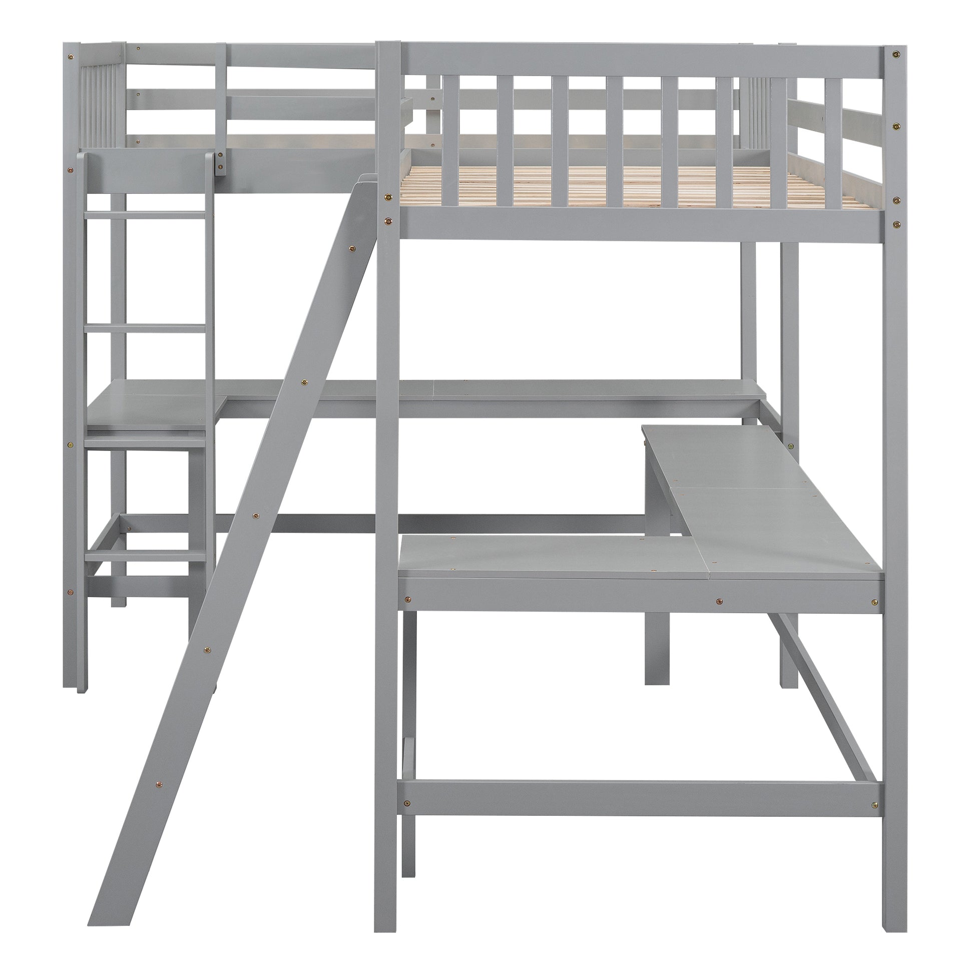 Wood Twin Size L Shaped Loft Bed With Ladder And 2 Built In L Shaped Desks, Gray Box Spring Not Required Twin White Wood Bedroom Solid Wood Mdf