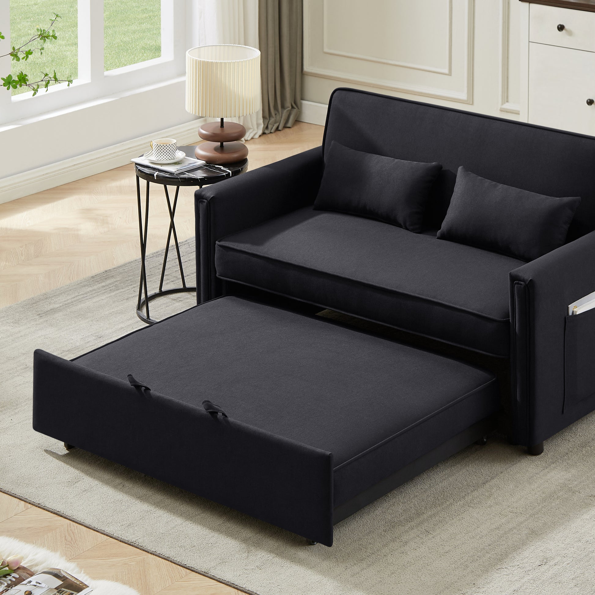 Modern Linen Convertible Loveseat Sleeper Sofa Couch With Adjustable Backrest, 2 Seater Sofa With Pull Out Bed With 2 Lumbar Pillows For Small Living Room & Apartment Black Polyester