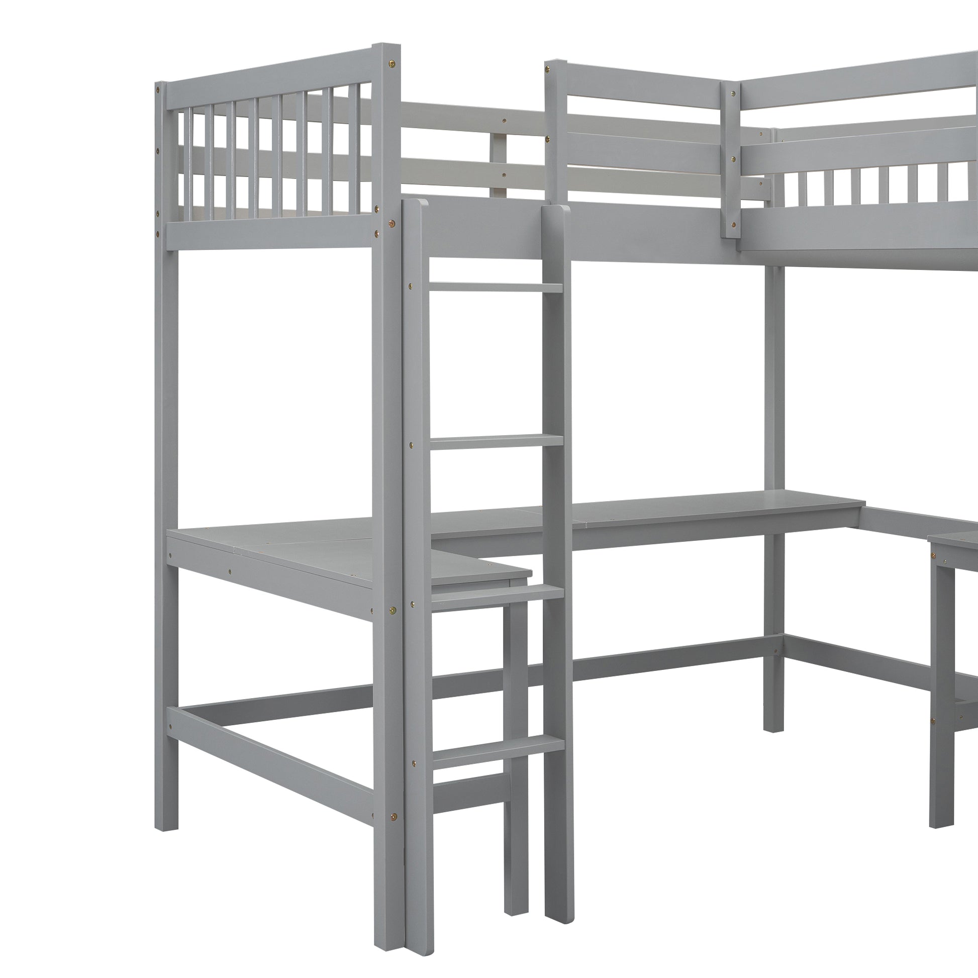 Wood Twin Size L Shaped Loft Bed With Ladder And 2 Built In L Shaped Desks, Gray Box Spring Not Required Twin White Wood Bedroom Solid Wood Mdf