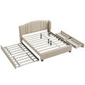 Upholstered Platform Bed With Wingback Headboard, One Twin Trundle And 2 Drawers, No Box Spring Needed, Linen Fabric, Queen Size Beige Beige Linen