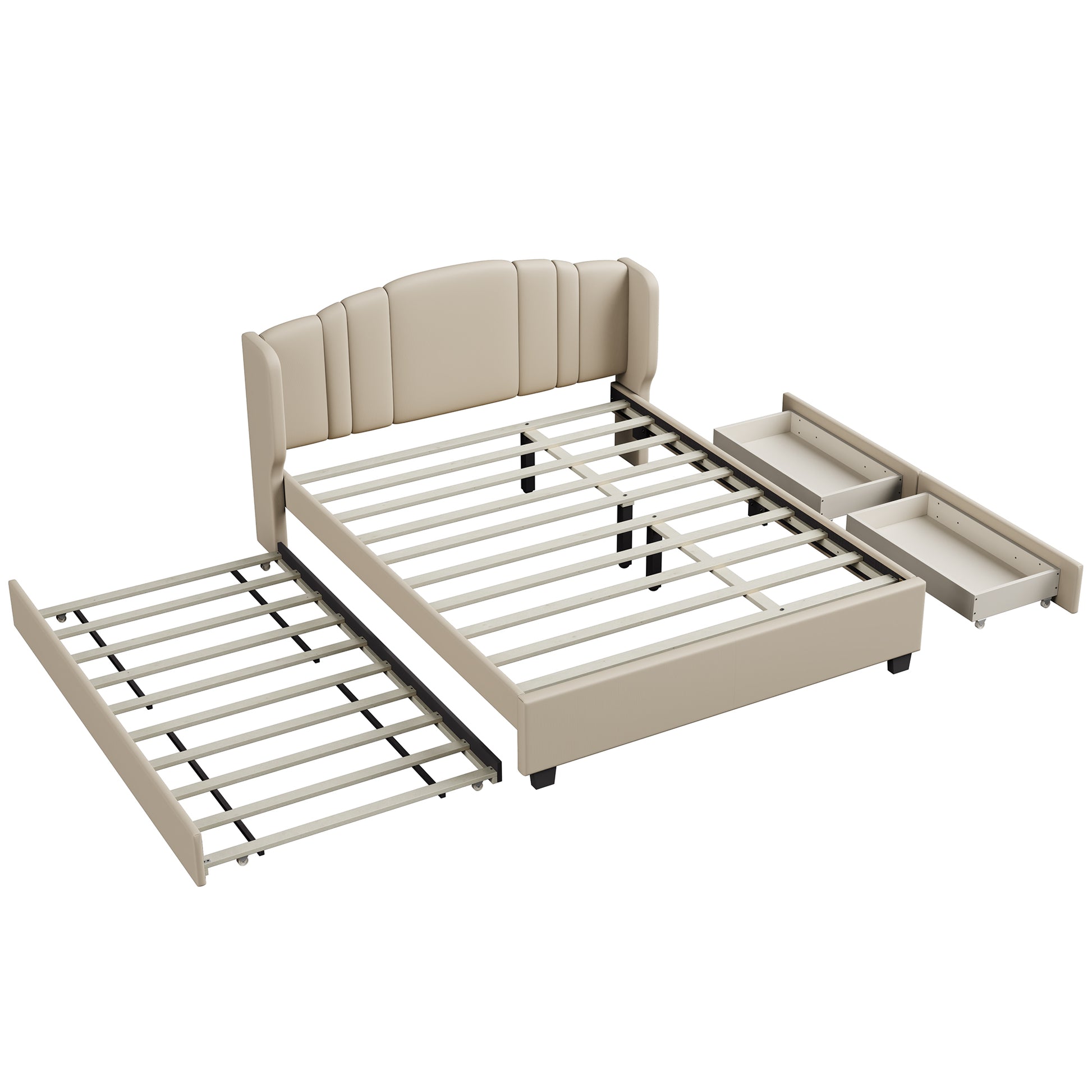 Upholstered Platform Bed With Wingback Headboard, One Twin Trundle And 2 Drawers, No Box Spring Needed, Linen Fabric, Queen Size Beige Beige Linen