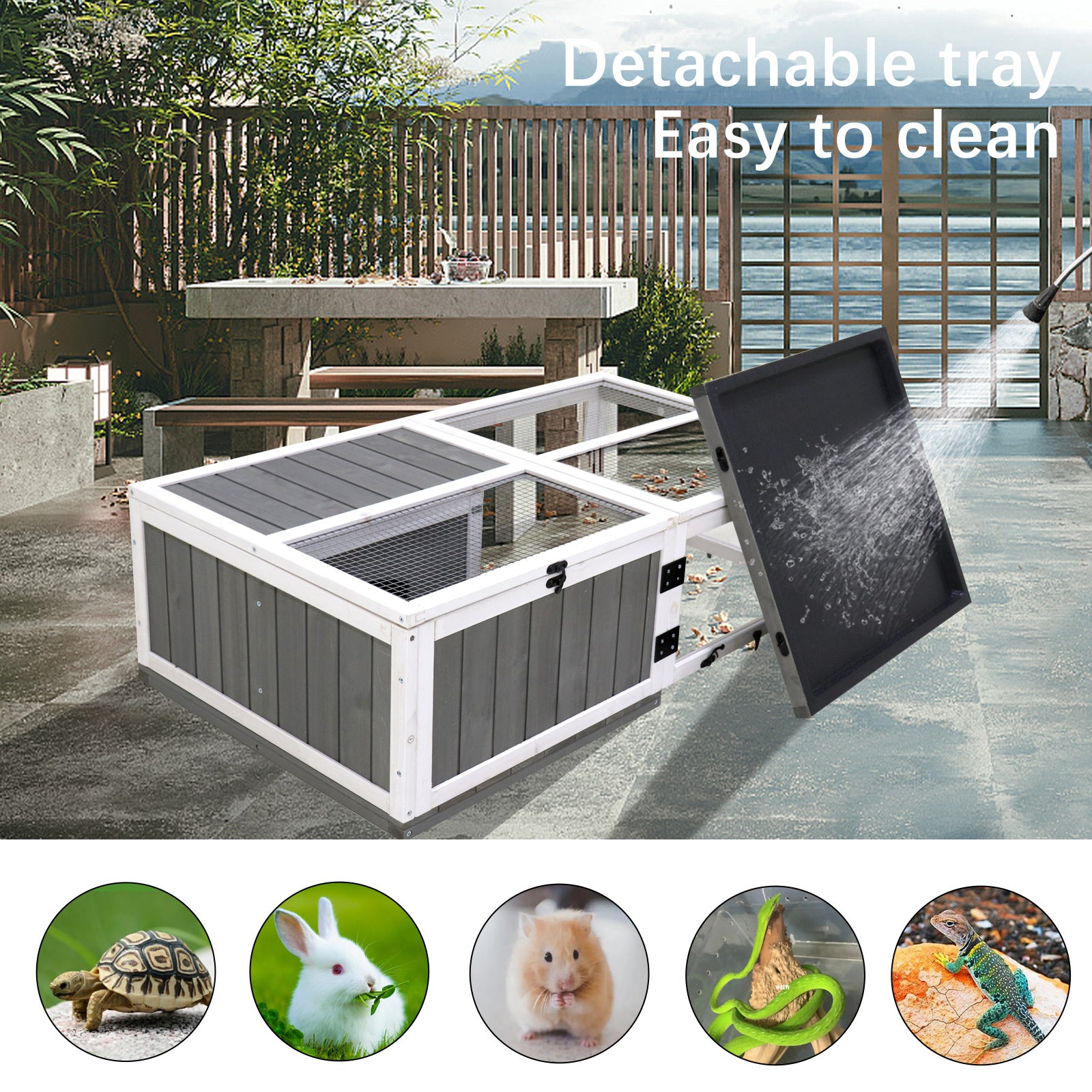 43"Upgrade Waterproof Tray, Activity Tray, Wooden Turtle House Indoor Small Animal Turtle Cage Outdoor Wooden Reptile Cage,With Rest Area And Play Water Game Area Grey Solid Wood