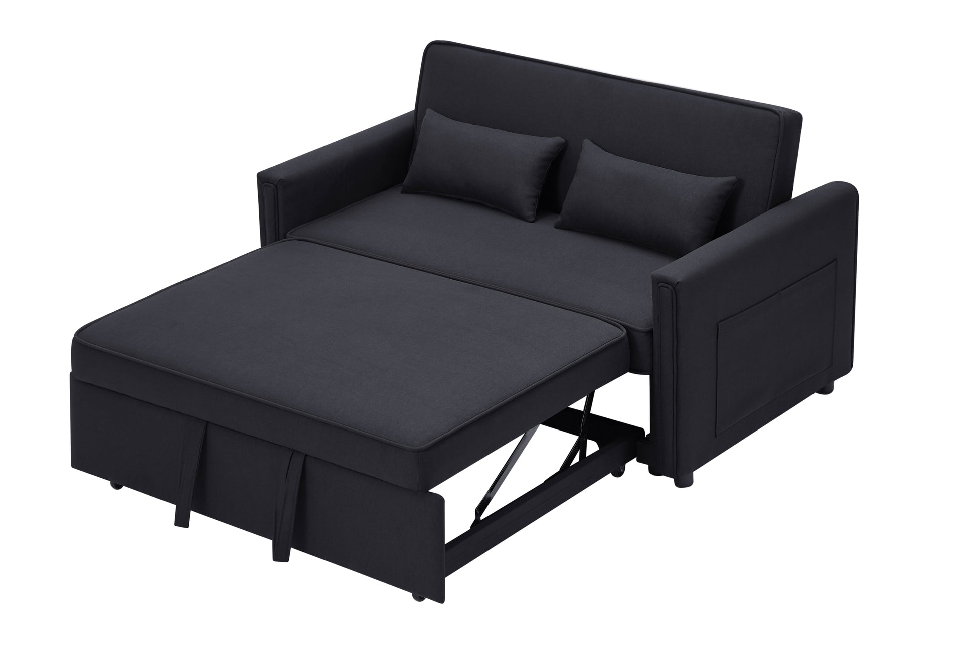 Modern Linen Convertible Loveseat Sleeper Sofa Couch With Adjustable Backrest, 2 Seater Sofa With Pull Out Bed With 2 Lumbar Pillows For Small Living Room & Apartment Black Polyester