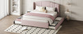 Upholstered Platform Bed With Wingback Headboard, One Twin Trundle And 2 Drawers, No Box Spring Needed, Linen Fabric, Queen Size Pink Pink Linen