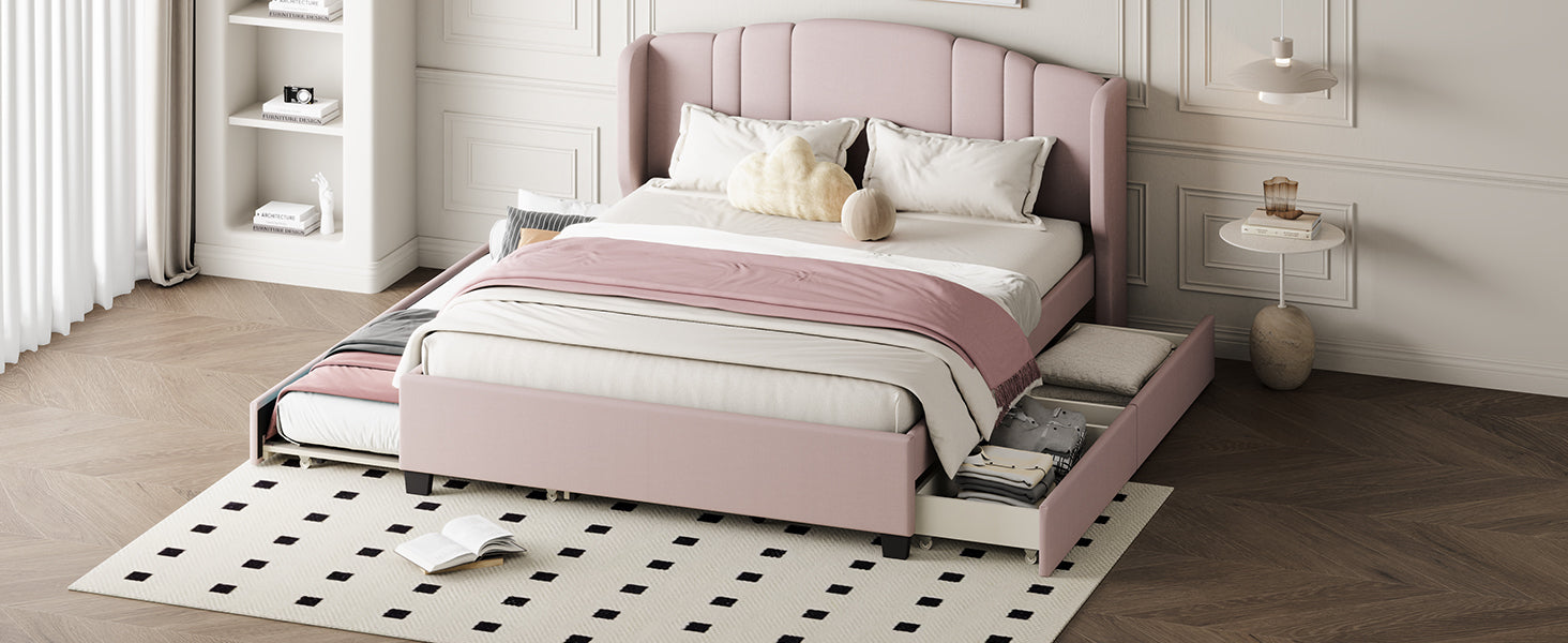 Upholstered Platform Bed With Wingback Headboard, One Twin Trundle And 2 Drawers, No Box Spring Needed, Linen Fabric, Queen Size Pink Pink Linen