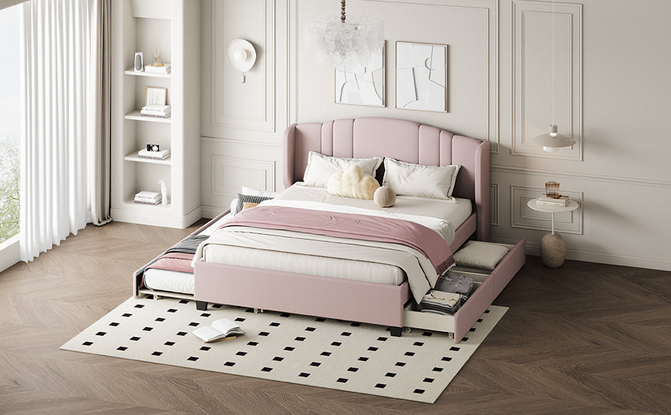 Upholstered Platform Bed With Wingback Headboard, One Twin Trundle And 2 Drawers, No Box Spring Needed, Linen Fabric, Queen Size Pink Pink Linen