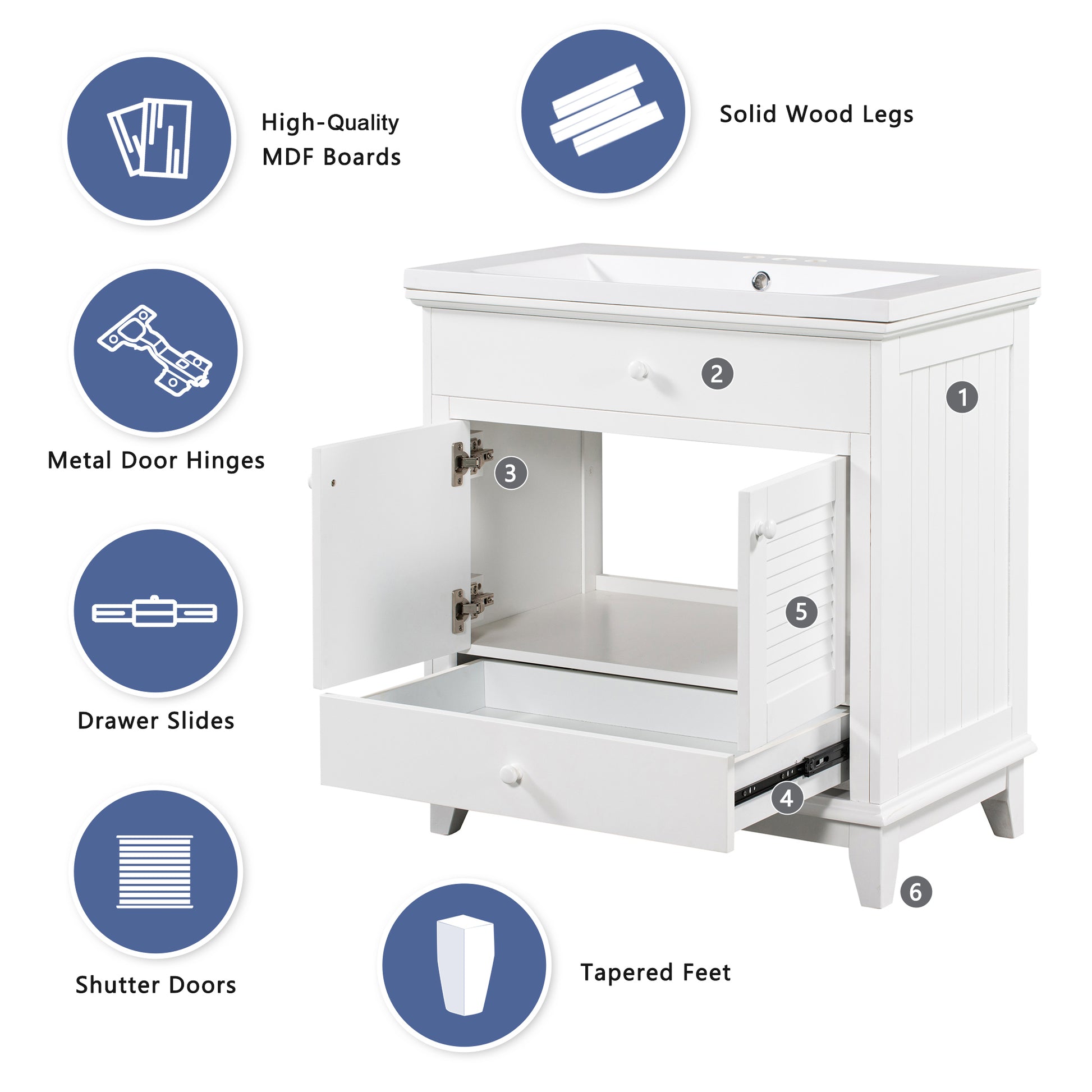 30" Bathroom Vanity With Sink, Bathroom Cabinet With Two Doors And One Drawer, White Old Sku: Jl000005Aak 1 White Solid Wood