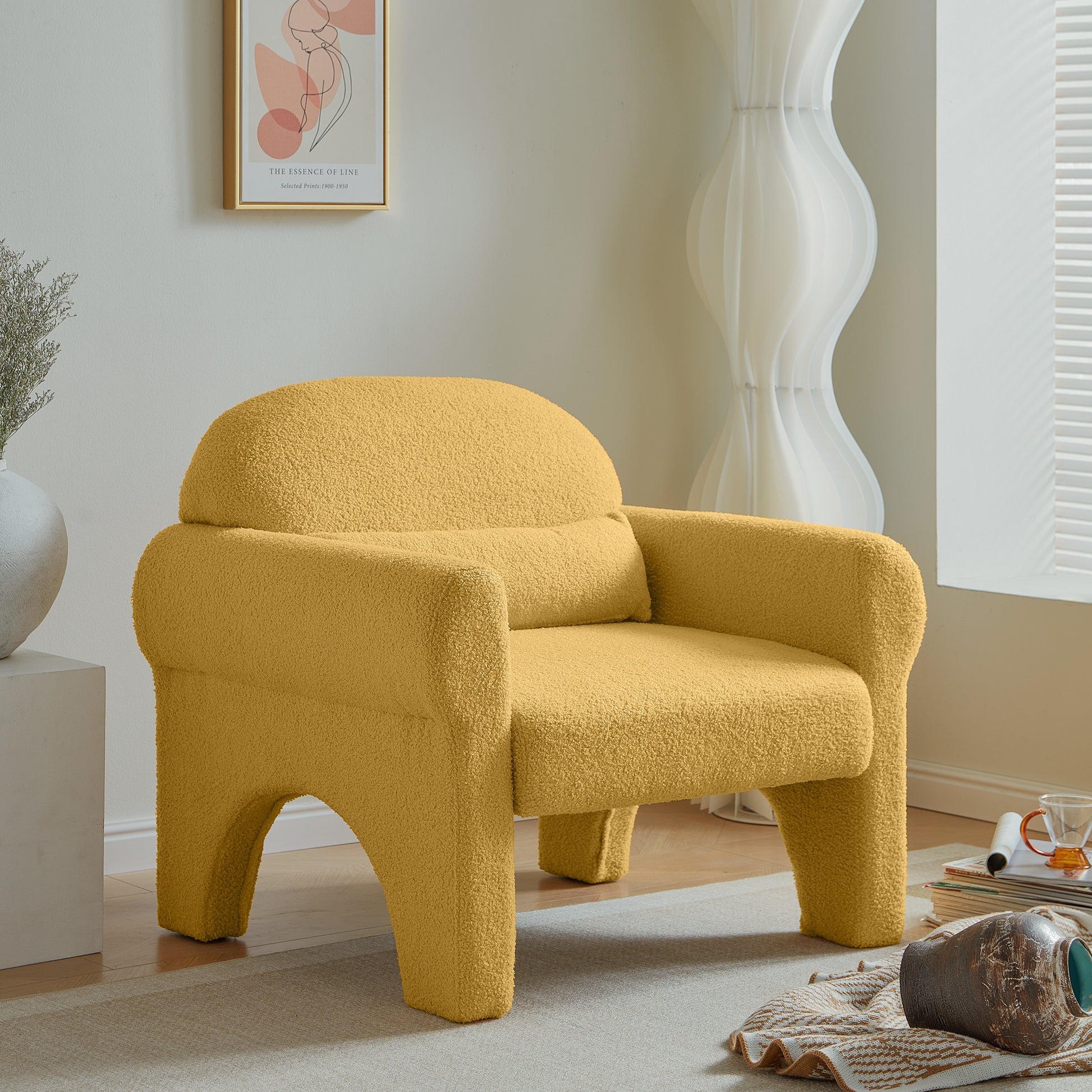 Modern Boucle Accent Chair With Lumbar Pillow For Living Room Antique Yellow Wood Dining Room Modern Fabric 1 Seat