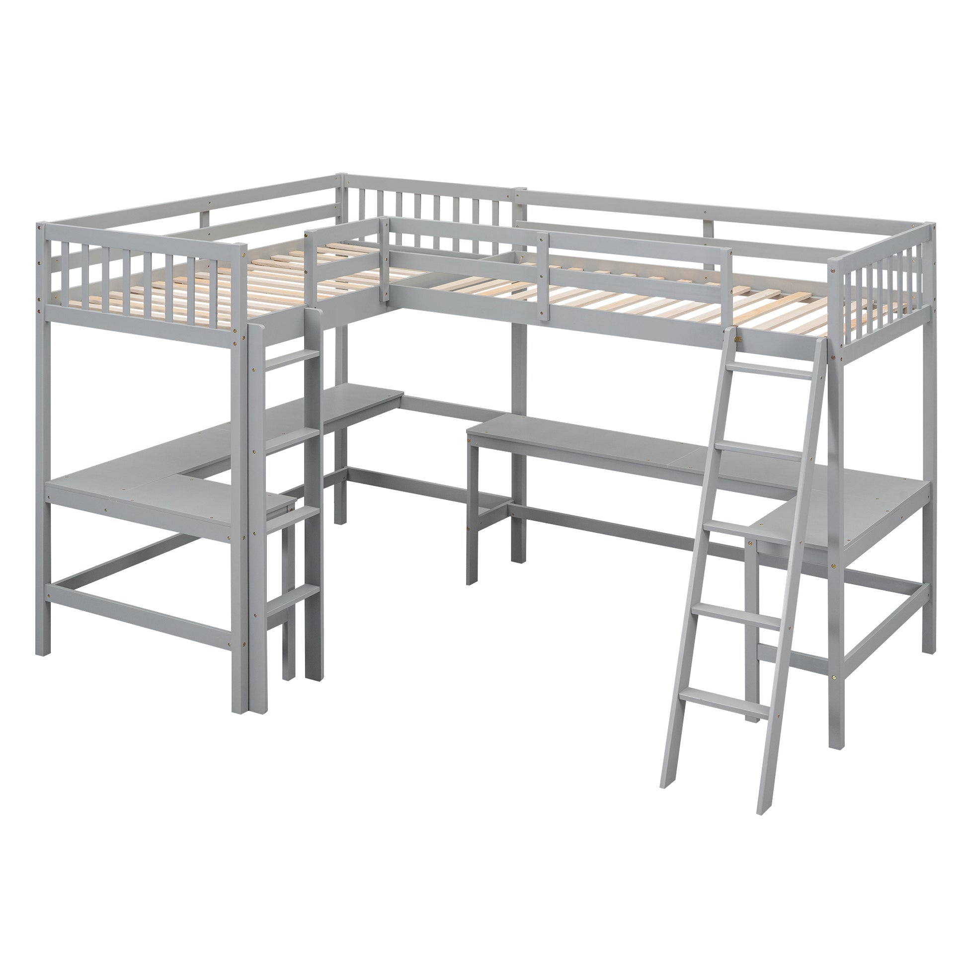 Wood Twin Size L Shaped Loft Bed With Ladder And 2 Built In L Shaped Desks, Gray Box Spring Not Required Twin White Wood Bedroom Solid Wood Mdf