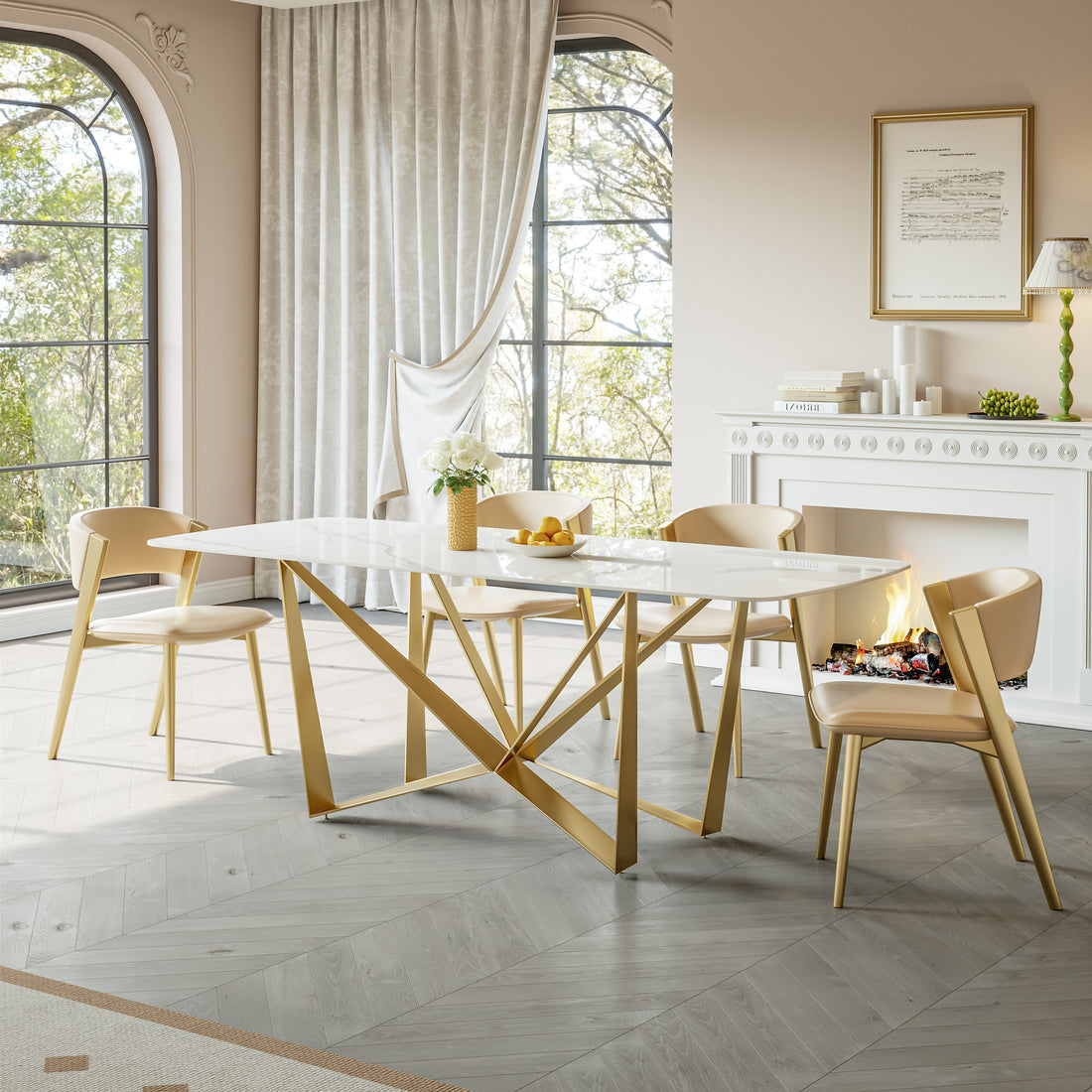 Titanium Gold Stainless Steel Dining Table With Polished Snow Mountain Stone Surface Supports Up To 94.5 Kg Excluding Chairs White Stainless Steel