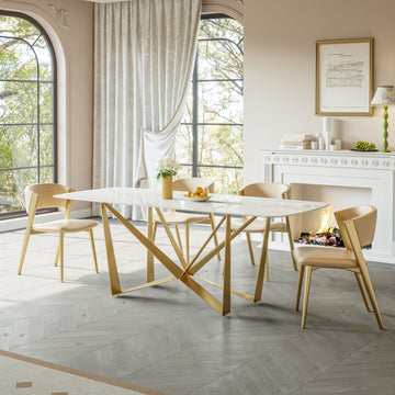 Titanium Gold Stainless Steel Dining Table With Polished Snow Mountain Stone Surface Supports Up To 94.5 Kg Excluding Chairs White Stainless Steel