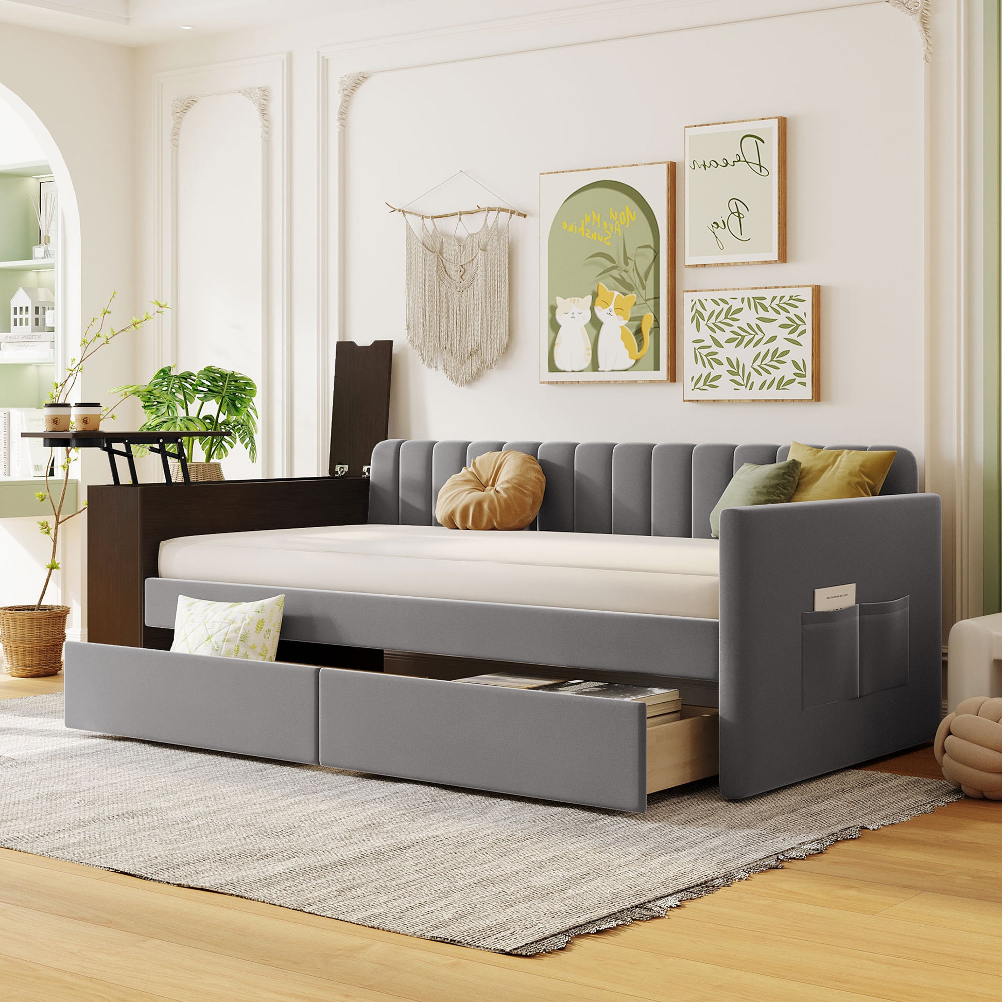 Twin Size Upholstered Daybed With Storage Armrest And 2 Drawers, Multi Functional Daybed With Cup Holder And A Set Of Usb Ports And Sockets, Gray Gray Upholstered