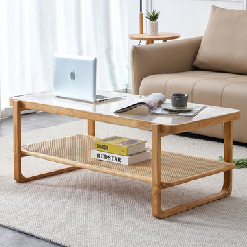 Modern Simple Rectangle Double Layer Solid Wood Glass Desktop Tea Table Rattan Woven Chinese Side Table Small Rectangle Table Suitable For Living Room, Dining Room And Bedroom Natural Solid Wood