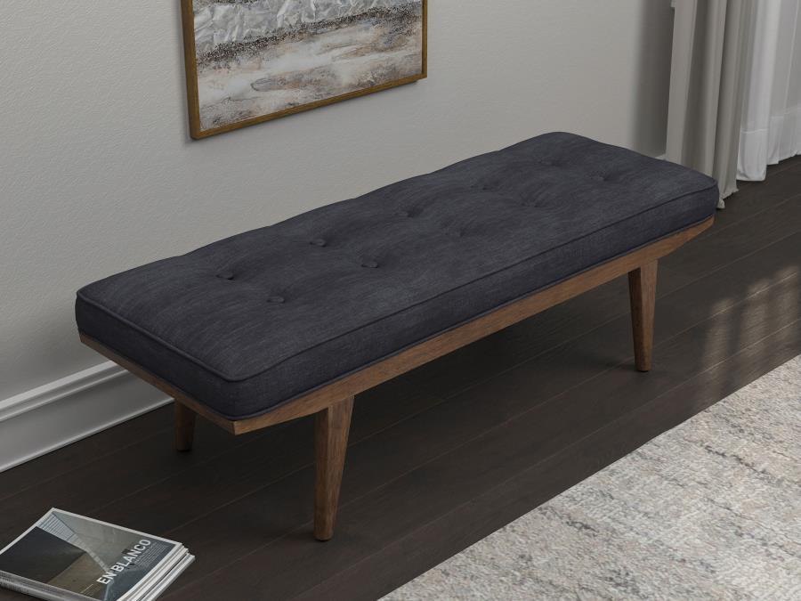 Grey And Oak Tufted Bench Grey Brown Primary Living Space Polyester Rectangular Grey Mid Century Modern Rubberwood Wood Foam Fabric