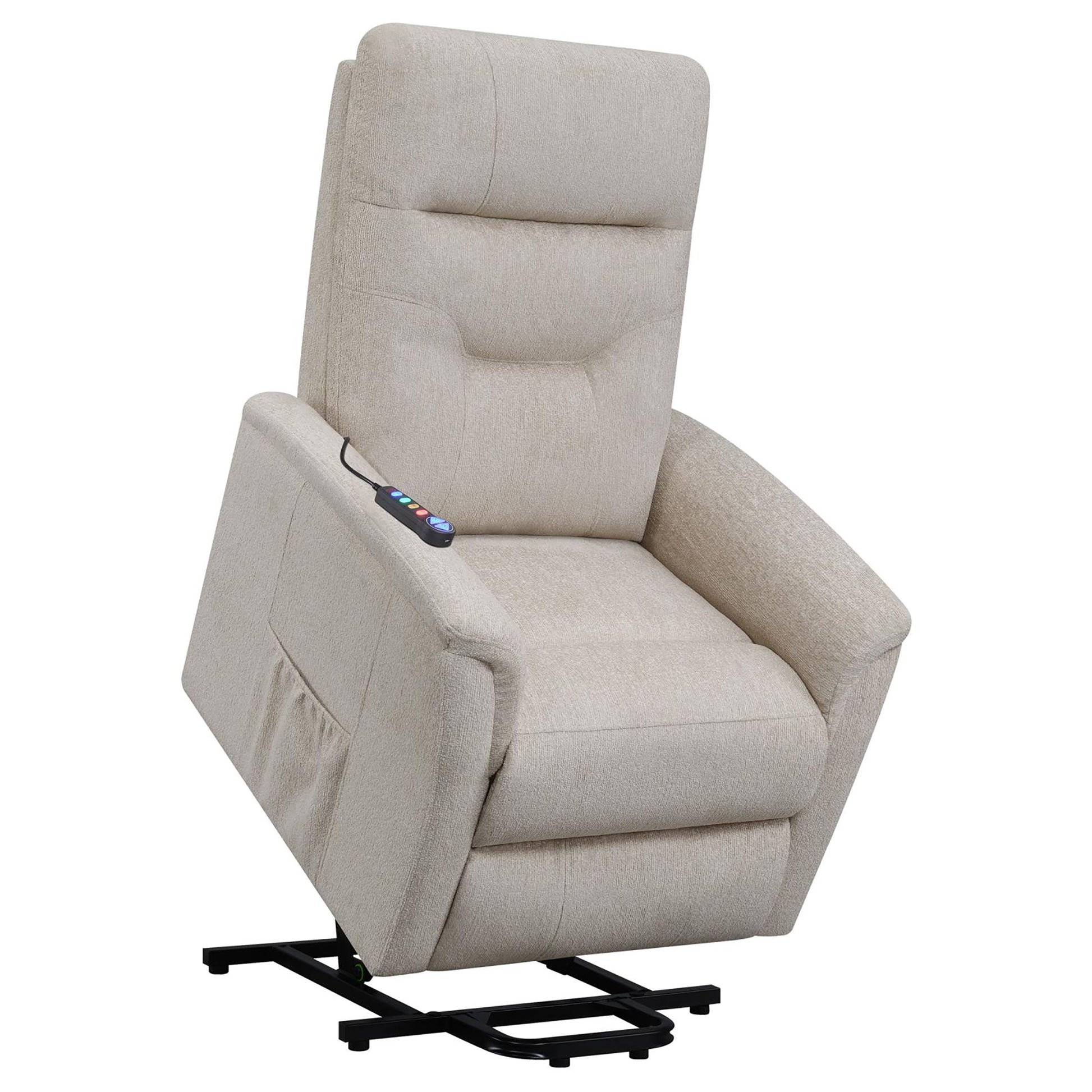 Beige Upholstered Power Lift Recliner With Storage Pocket Beige Chenille Power Remote Wood Primary Living Space Medium Firm Cushion Back Contemporary,Modern Square Arms Foam Fabric