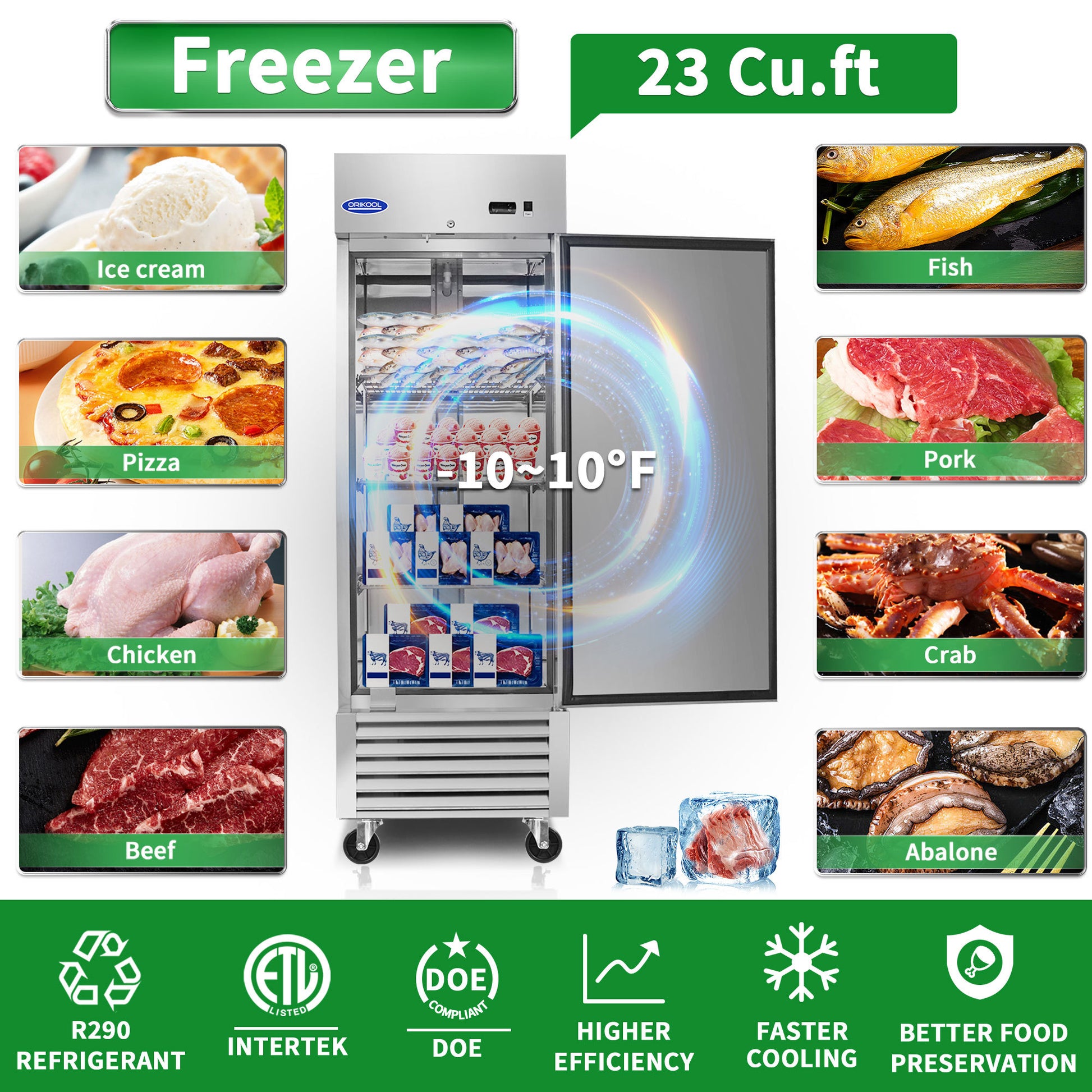 Orikool 27" Commercial Freezer 23 Cu.Ft With 1 Solid Door Reach In Freezers Stainless Steel Etl Approved Upright Freeze Storage Silver Stainless Steel