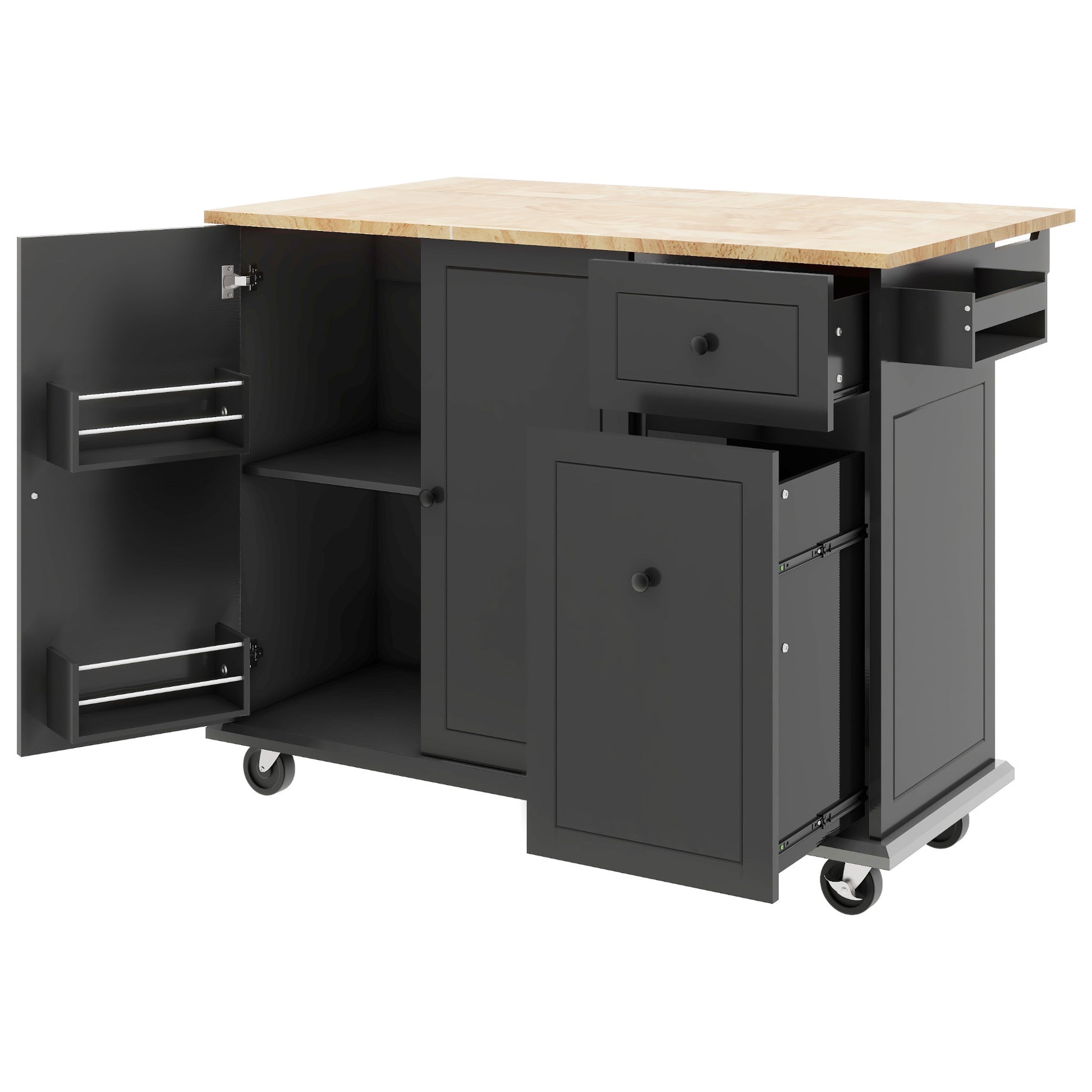 Kitchen Island With Drop Leaf, 53.9" Width Rolling Kitchen Cart On Wheels With Internal Storage Rack And 3 Tier Pull Out Cabinet Organizer, Kitchen Storage Cart With Spice Rack, Towel Rack Black Black Kitchen Classic,European,Modern Rectangular Kitchen