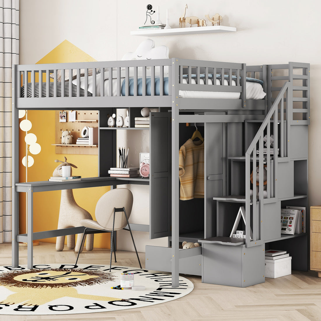 Full Size Loft Bed With Bookshelf,Drawers,Desk,And Wardrobe Gray Full Gray Solid Wood