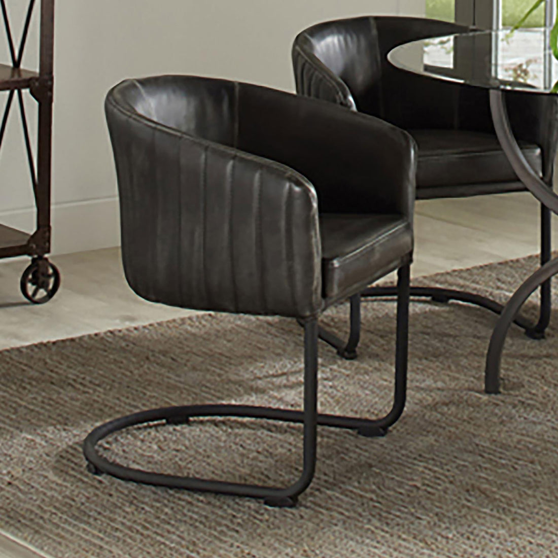 Anthracite And Matte Black Barrel Dining Chair Solid Black Dining Room Foam Industrial Barrel Chair Solid Back Foam Faux Leather