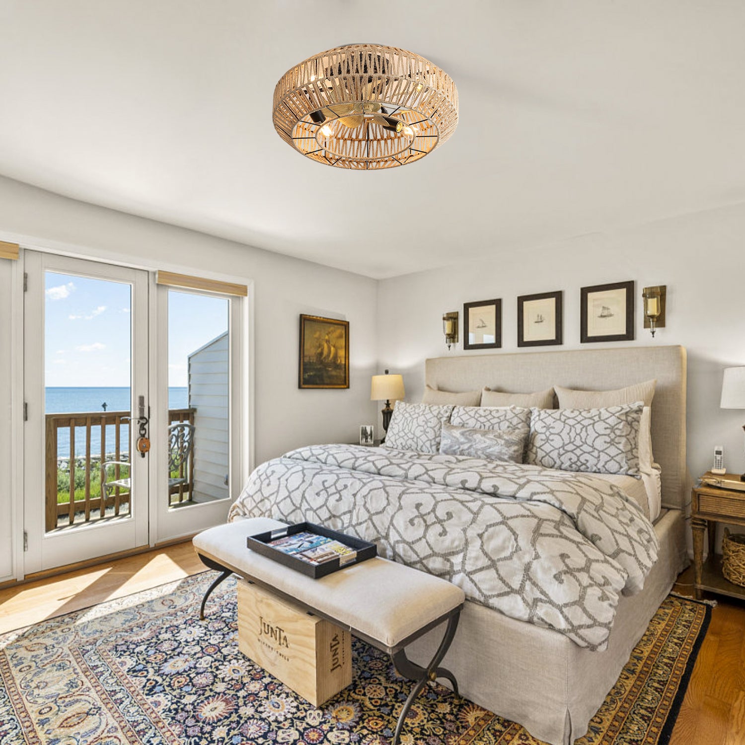 20 Inch Boho Caged With Enclosed Rattan 6 Speeds Remote Control Reversible Dc Motor For Living Room Rattan Abs