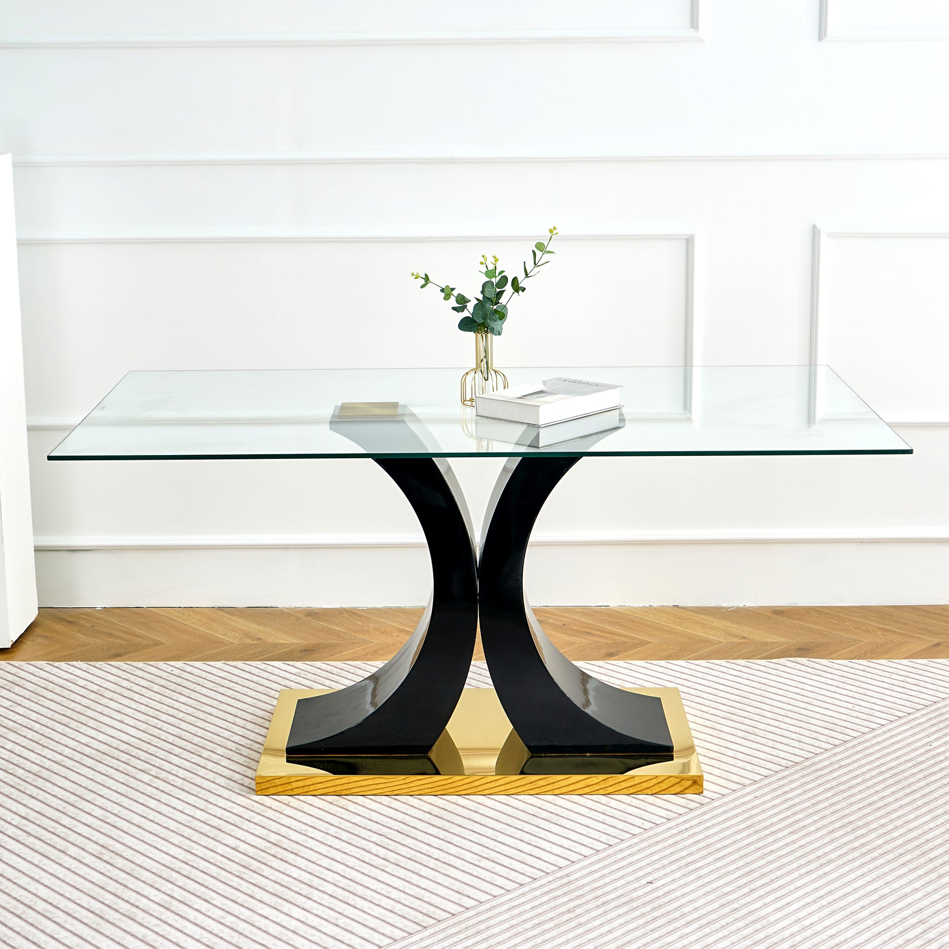Modern Style Glass Dining Table With Elegant Transparent Design, Solid Support Base, Pale Yellow Dining Chair Set With Gold Plated Legs, Suitable For Restaurant Kitchens Set Of 7 Yellow Glass