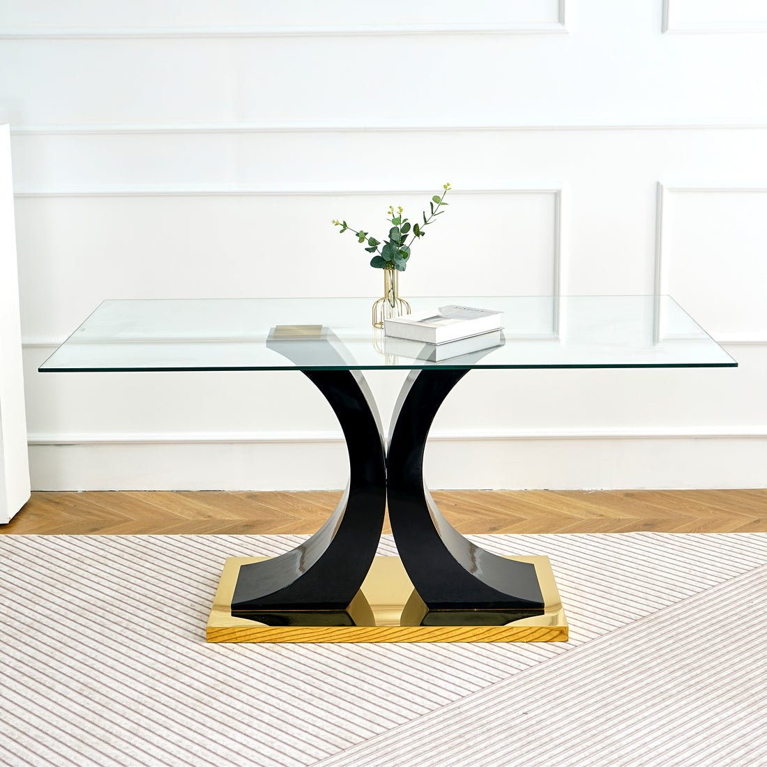 Modern Style Glass Table, Elegant Transparent Design, Durable Support Base, Solid, Selected Materials Made Of Furniture Display Fashion, Suitable For The Living Room Set Of 1 Black Gold Tempered Glass
