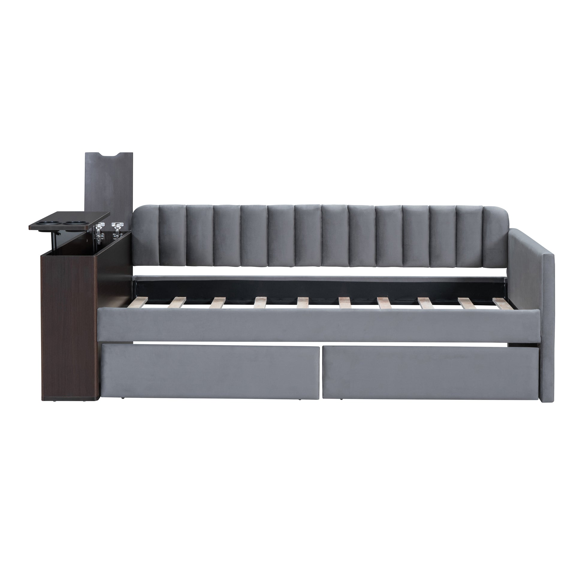 Twin Size Upholstered Daybed With Storage Armrest And 2 Drawers, Multi Functional Daybed With Cup Holder And A Set Of Usb Ports And Sockets, Gray Gray Upholstered