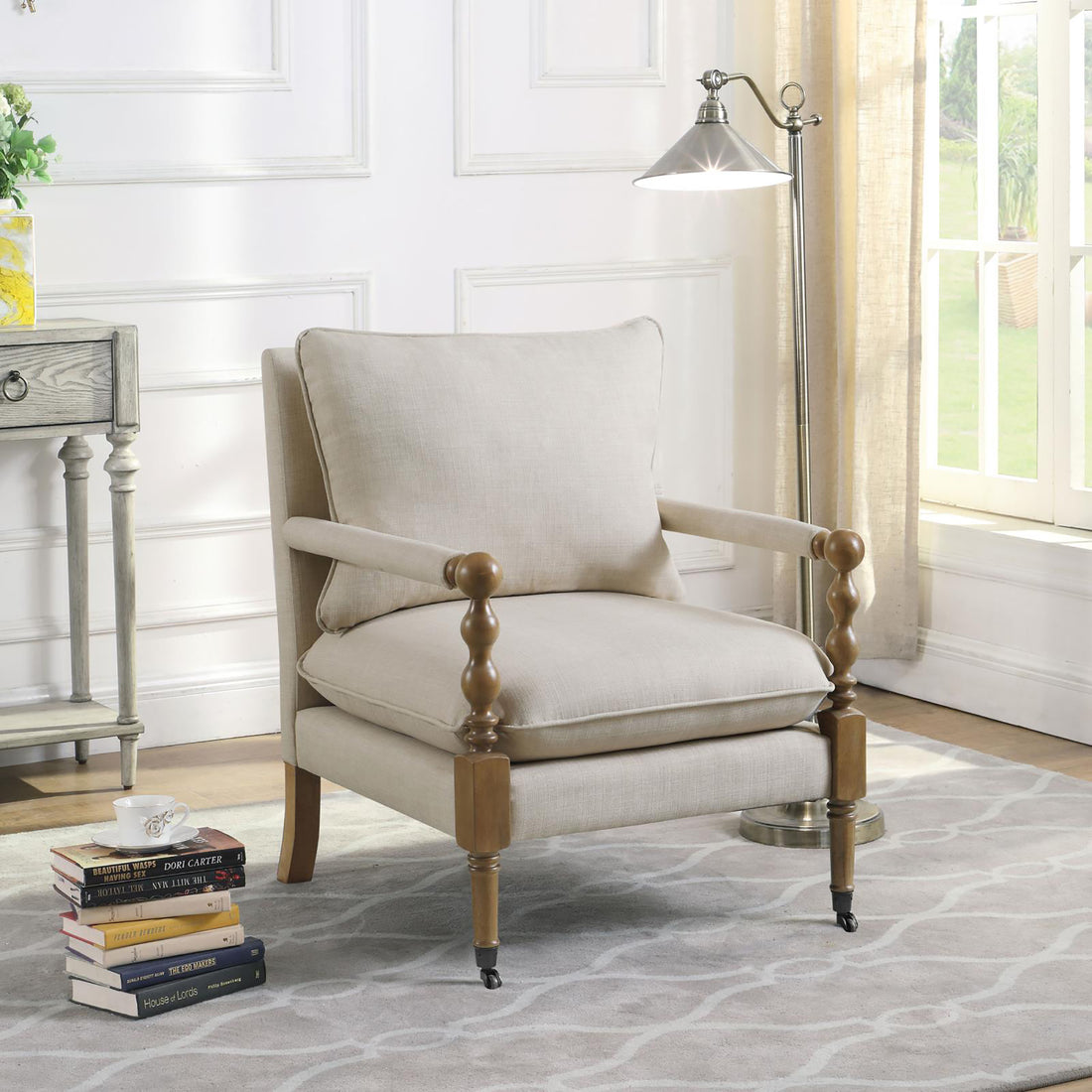 Beige Wooden Accent Chair With Turned Legs Beige Light Brown Primary Living Space Traditional Rubberwood Foam Fabric