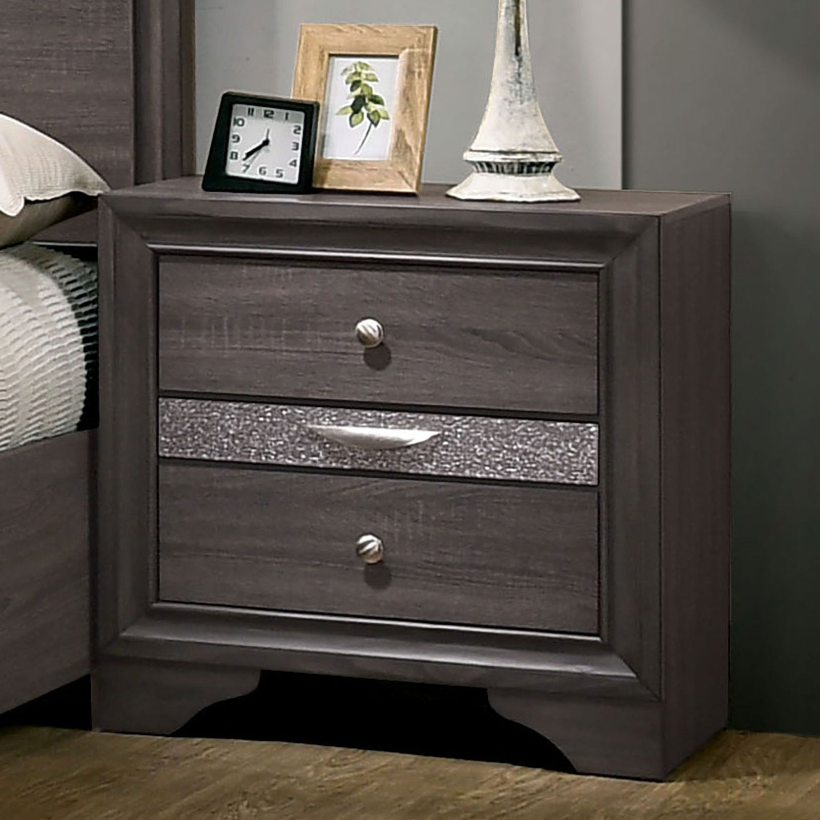 Contemporary 1Pc Nightstand Gray Finish Silver Accents Hidden Jewelry Drawer Nickel Round Knob Bedside Table Bedroom Furniture Gray Gray 2 Drawers Bedroom Bedside Cabinet Contemporary,Modern,Transitional Rubberwood Drawers Solid Wood