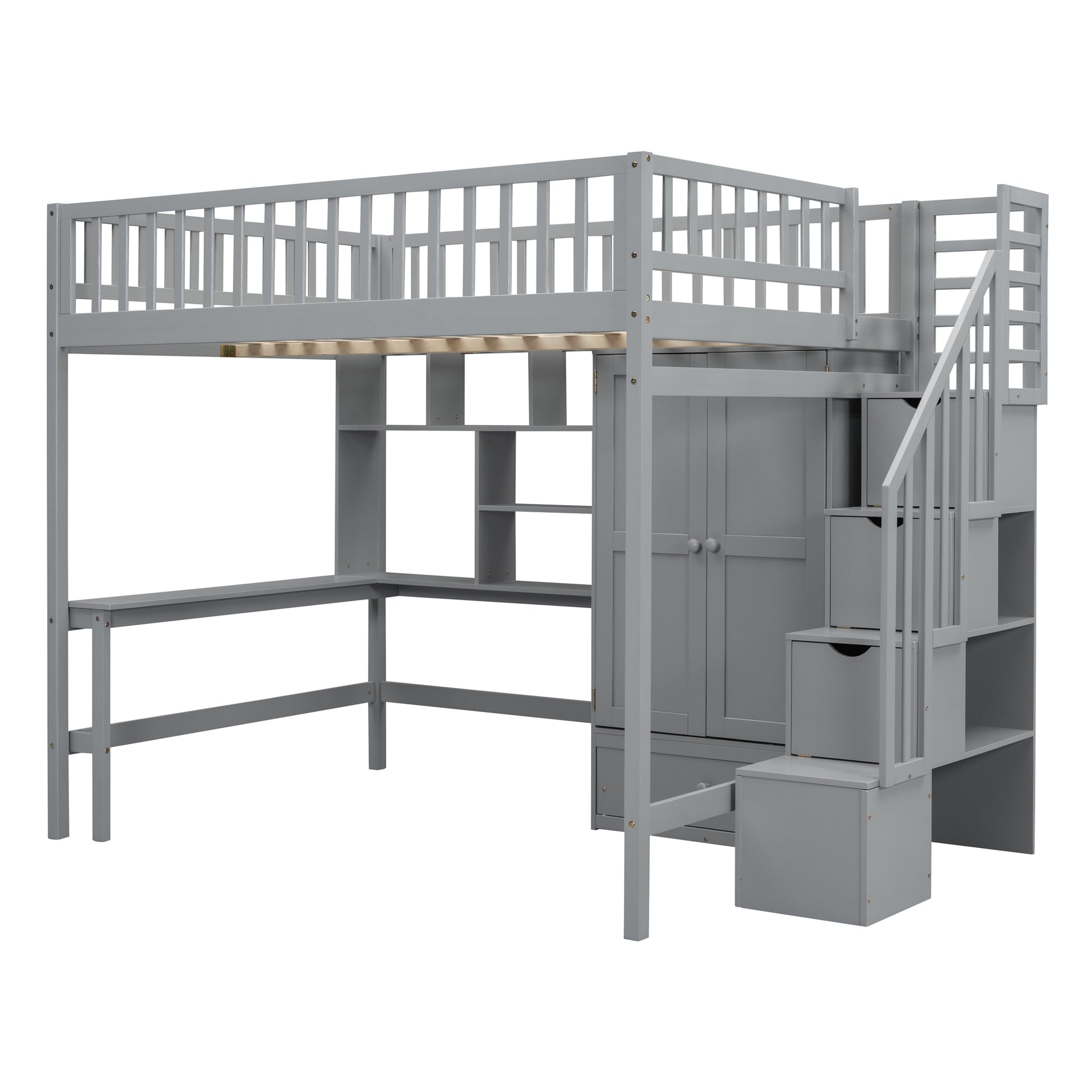 Full Size Loft Bed With Bookshelf,Drawers,Desk,And Wardrobe Gray Full Gray Solid Wood