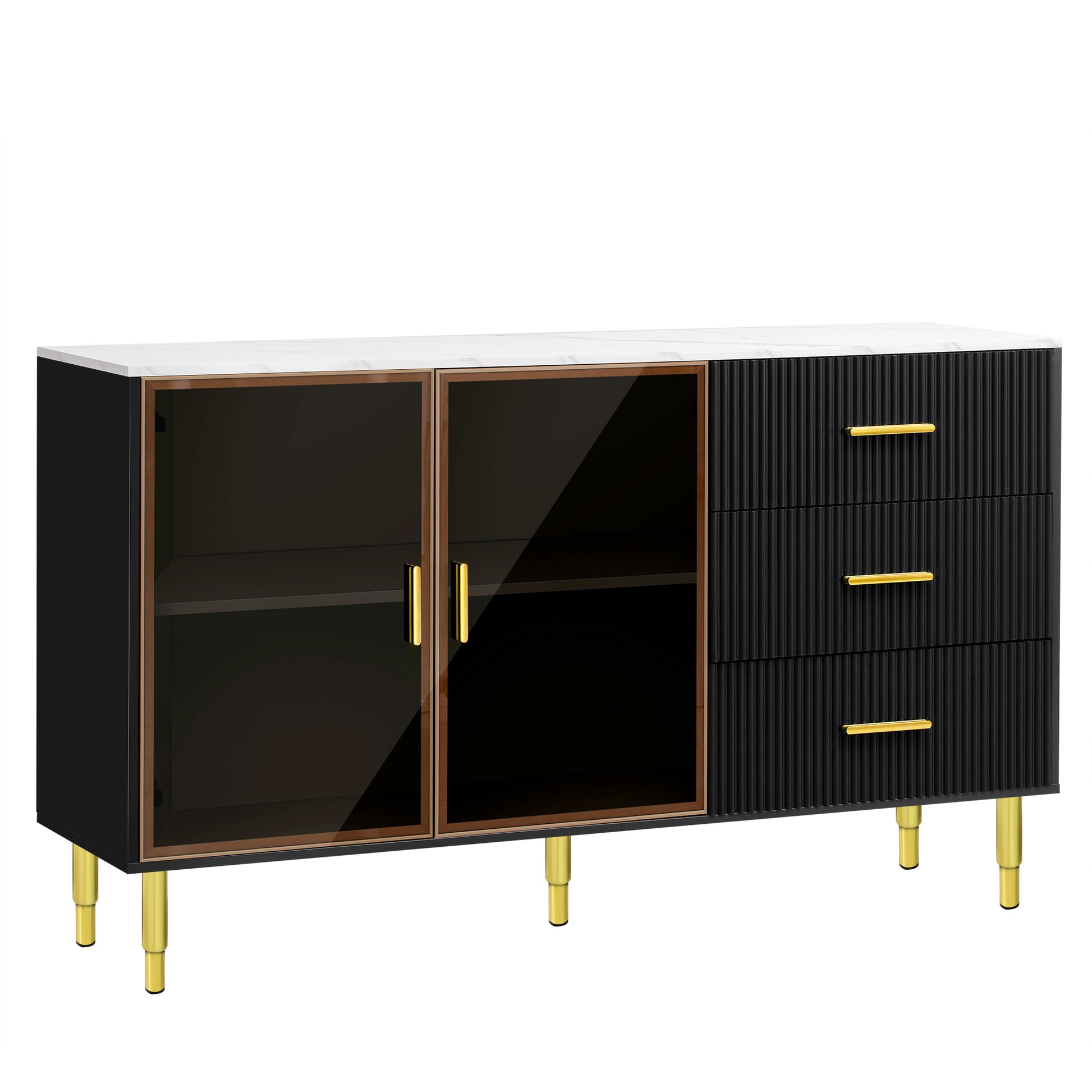 Modern Sideboard Mdf Buffet Cabinet Marble Sticker Tabletop And Amber Yellow Tempered Glass Doors With Gold Metal Legs & Handles Black Black Mdf Glass