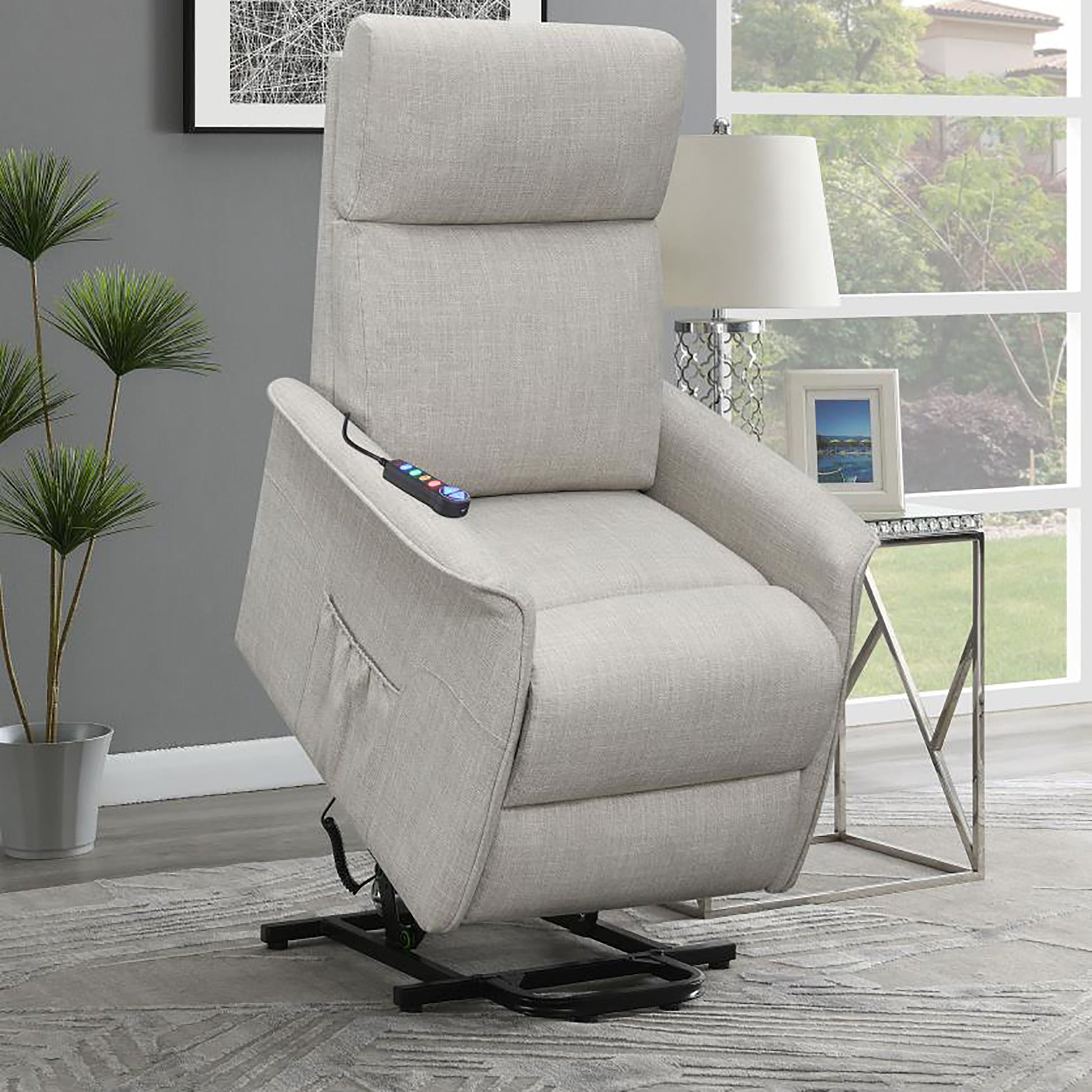 Beige Upholstered Power Lift Recliner With Wired Remote Beige Polyester Power Remote Wood Primary Living Space Medium Firm Cushion Back Contemporary,Modern Flared Arms Foam Fabric